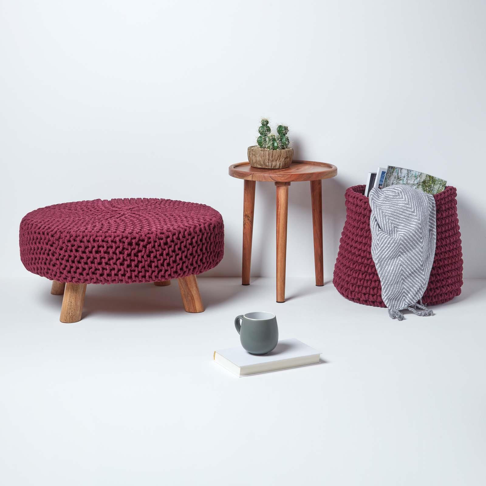 Round Knitted Footstool 100% Cotton Flat Circular with 4 Support Wooden Legs - Picture 79 of 108