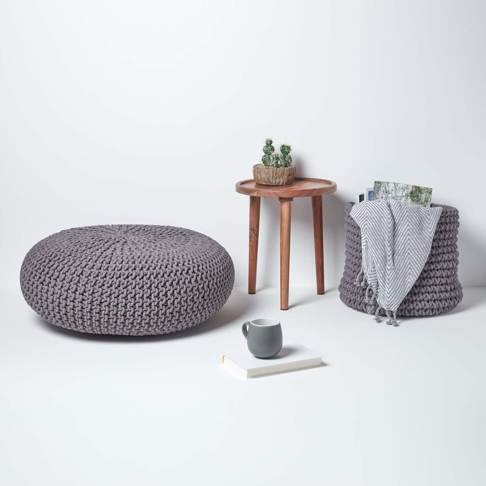 Large Round Cotton Knitted Pouffes Footstools Red, Yellow, Black, Grey, Natural - Picture 37 of 108