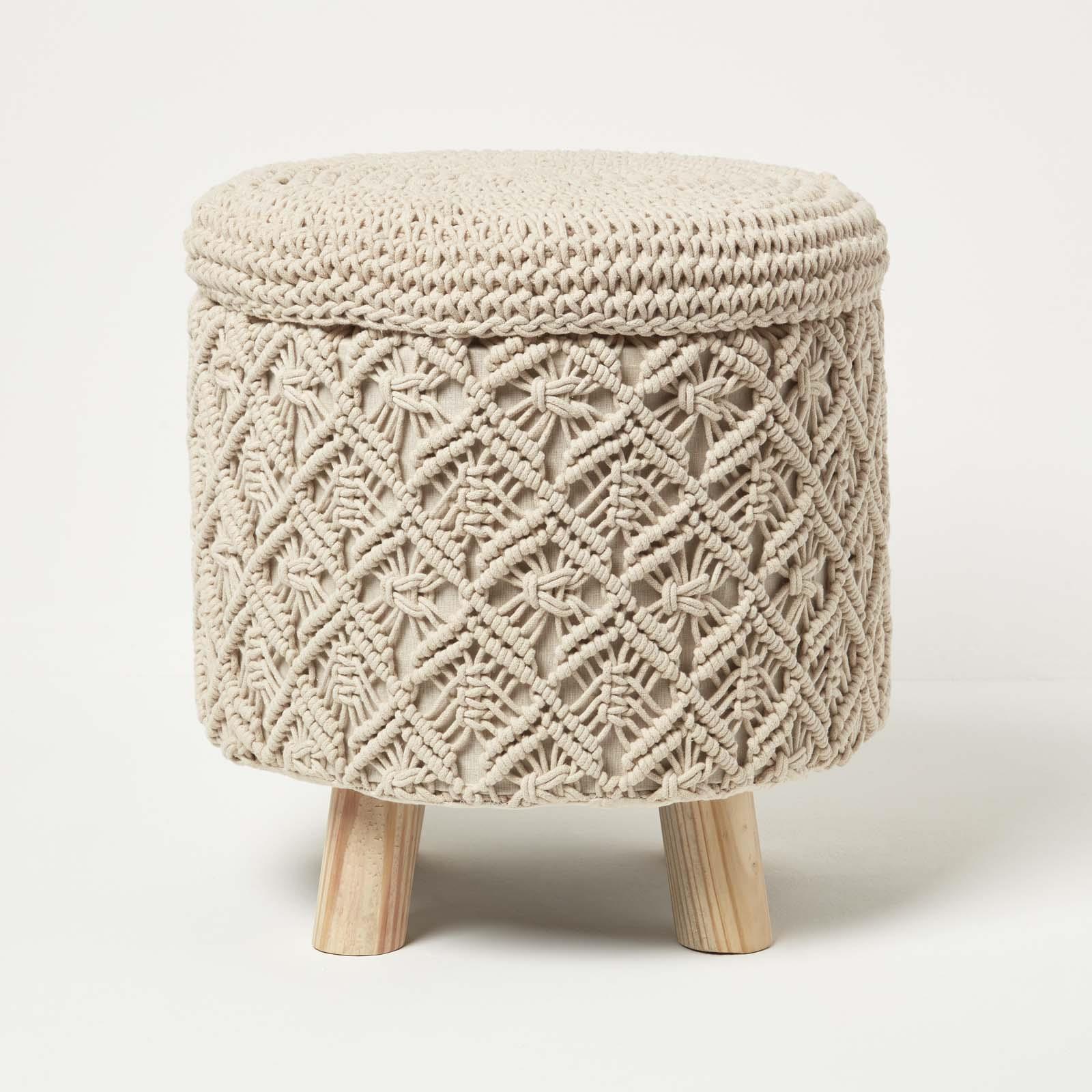 Macrame Knitted Pouffe with Storage 43 cm Tall Crochet Round Footstool on Legs - Picture 8 of 13