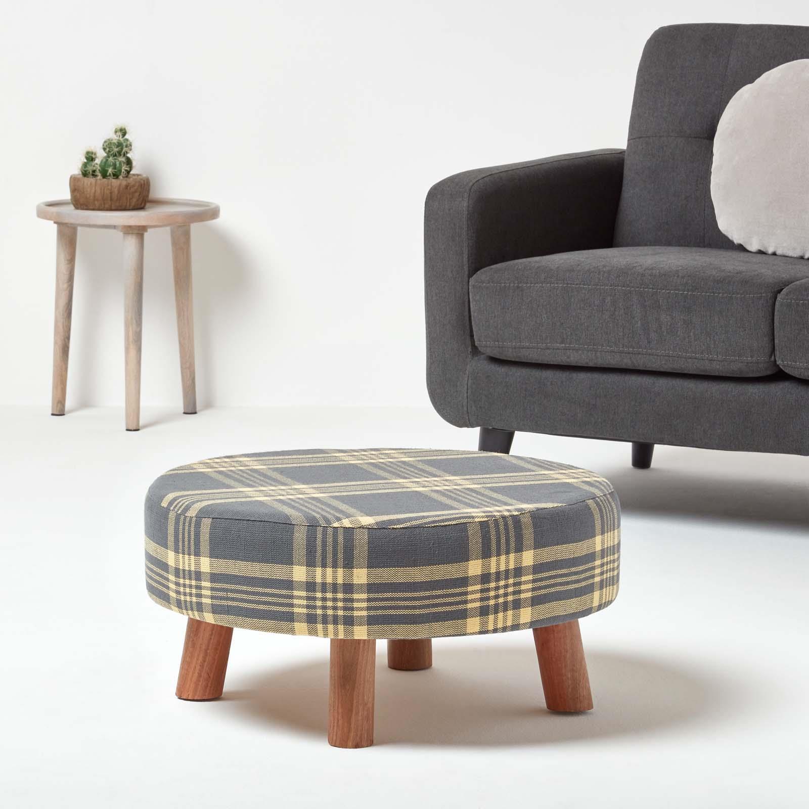 Tartan Check Tall and Flat Footstool with Wooden Legs - Picture 3 of 23