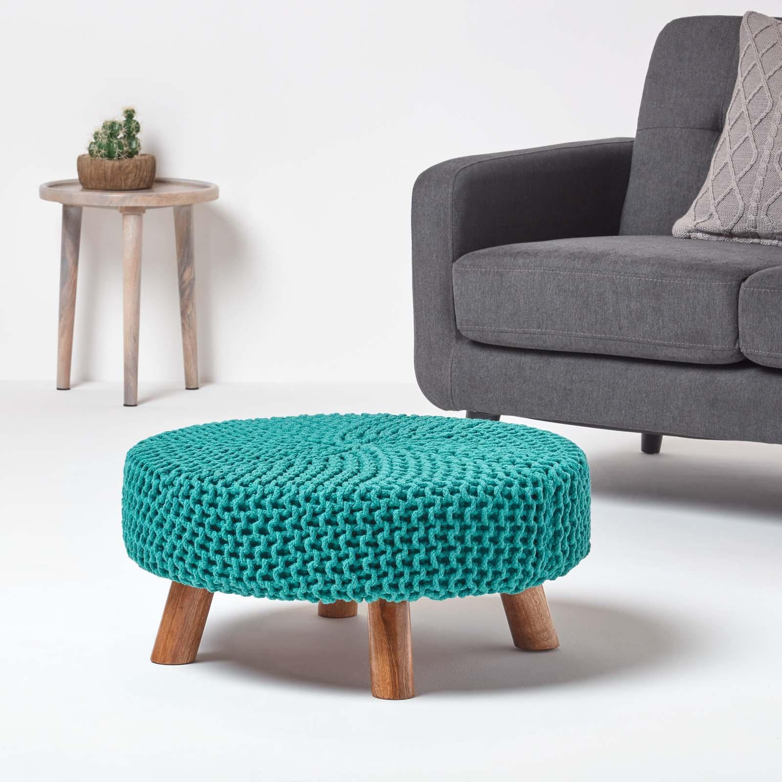 Round Knitted Footstool 100% Cotton Flat Circular with 4 Support Wooden Legs - Picture 104 of 108