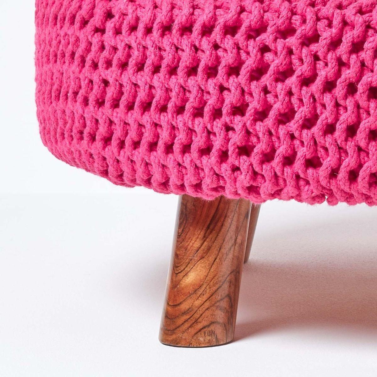 Round Knitted Footstool 100% Cotton Flat Circular with 4 Support Wooden Legs - Picture 29 of 108