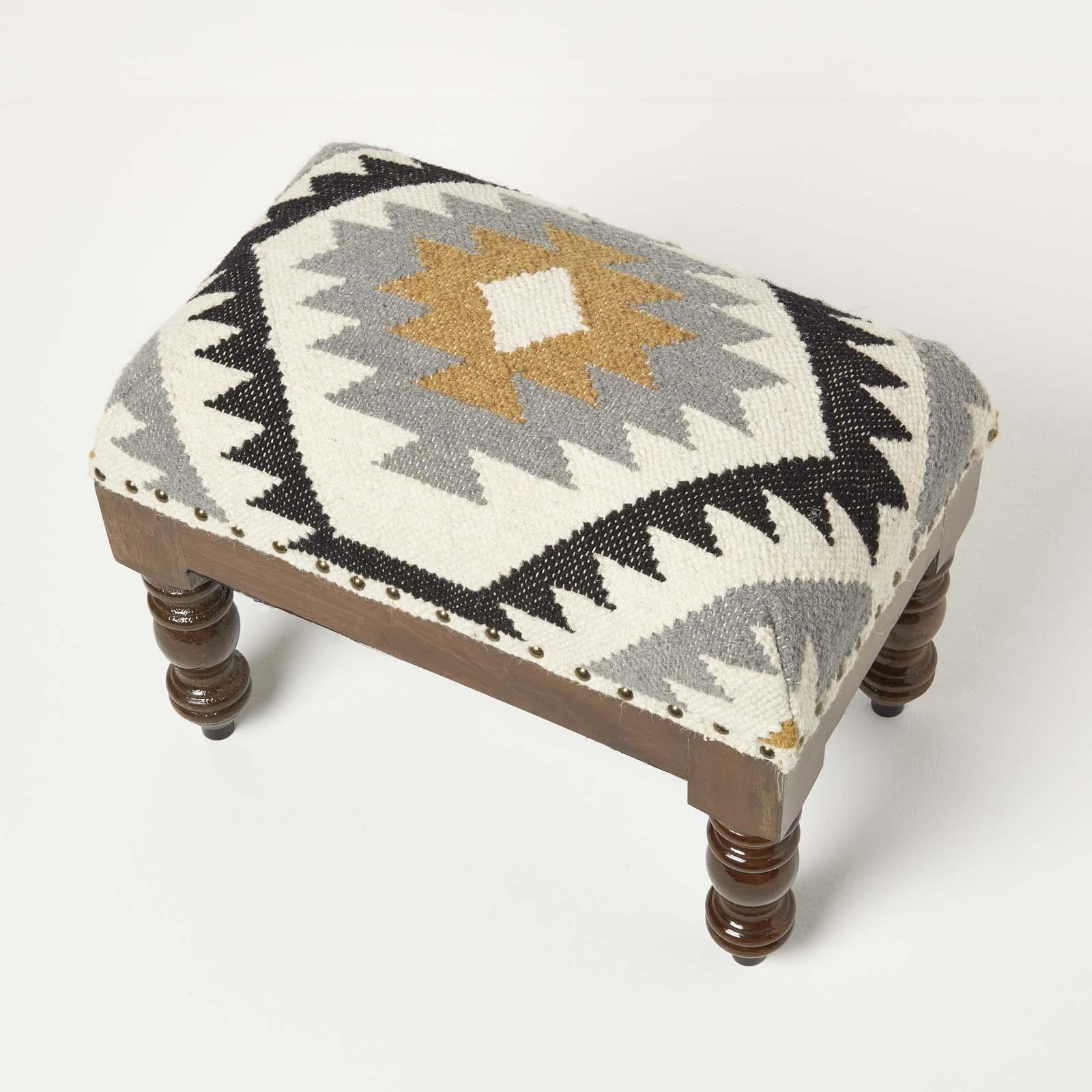 Traditional Style Handmade Kilim Pouffe & Footstool with Wooden Legs - Picture 33 of 34