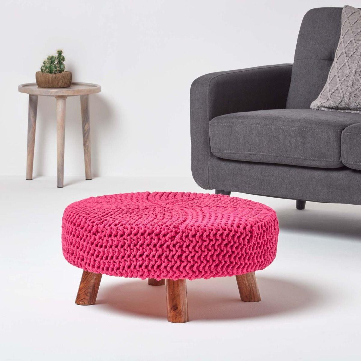 Round Knitted Footstool 100% Cotton Flat Circular with 4 Support Wooden Legs - Picture 27 of 108