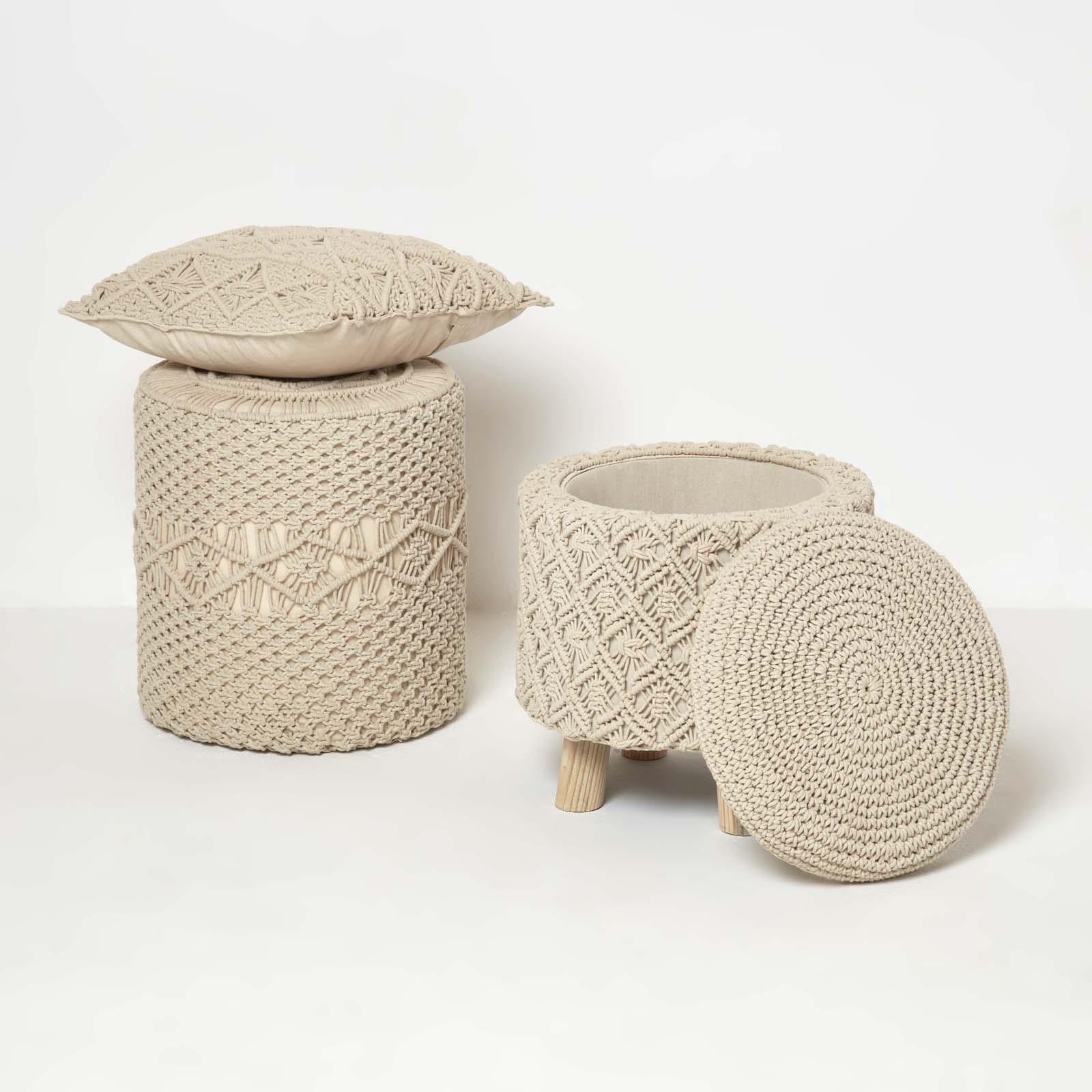 Macrame Knitted Pouffe with Storage 43 cm Tall Crochet Round Footstool on Legs - Picture 13 of 13