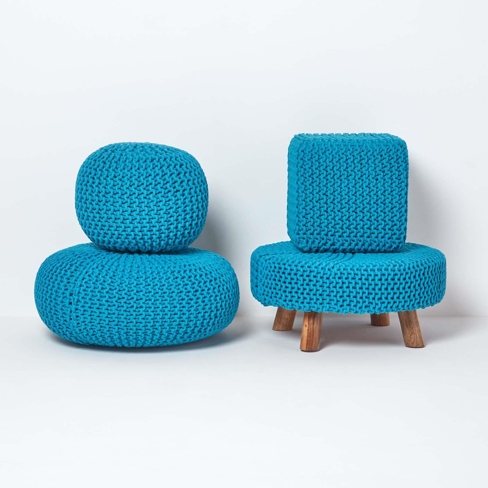 Round Knitted Footstool 100% Cotton Flat Circular with 4 Support Wooden Legs - Picture 101 of 108
