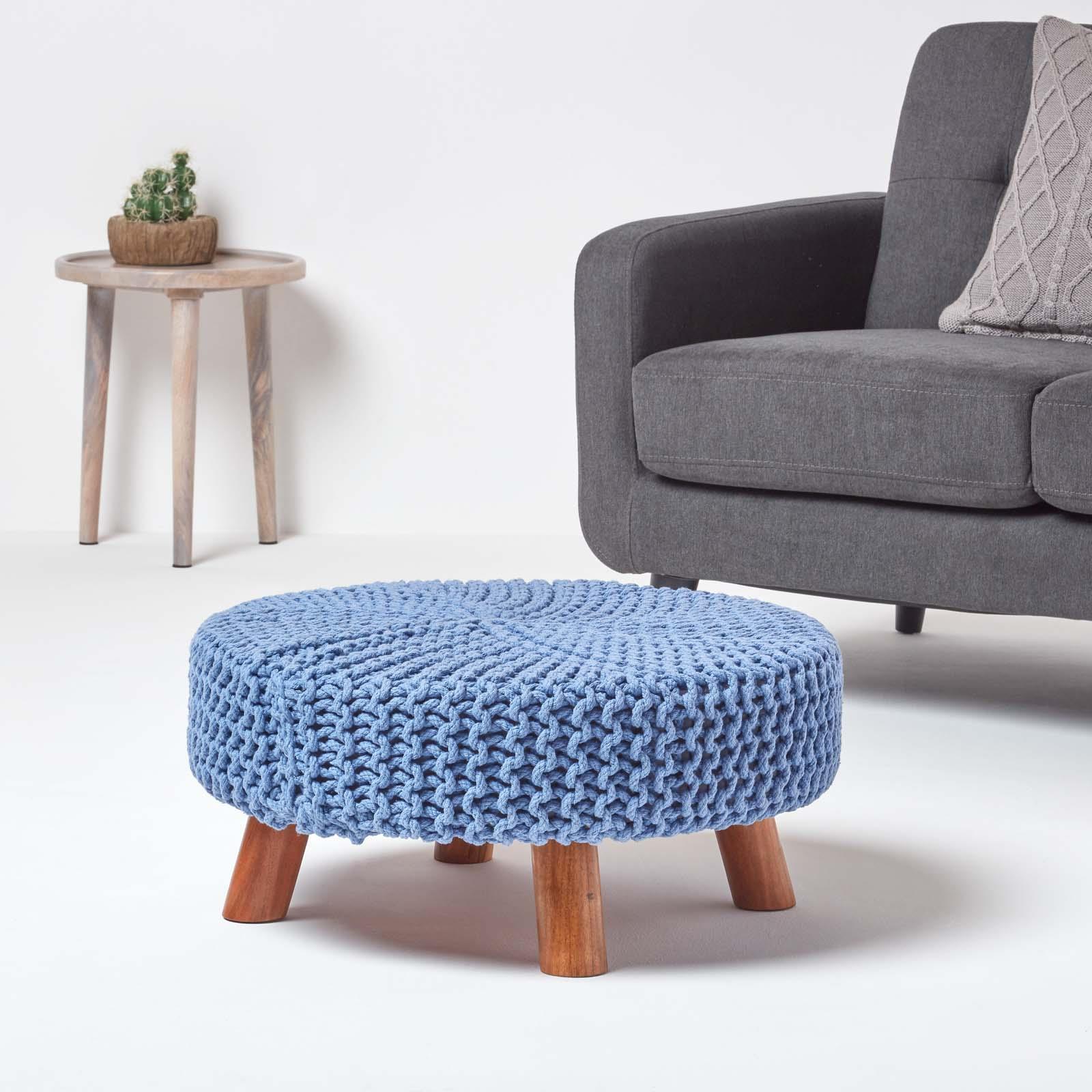 Round Knitted Footstool 100% Cotton Flat Circular with 4 Support Wooden Legs - Picture 9 of 108