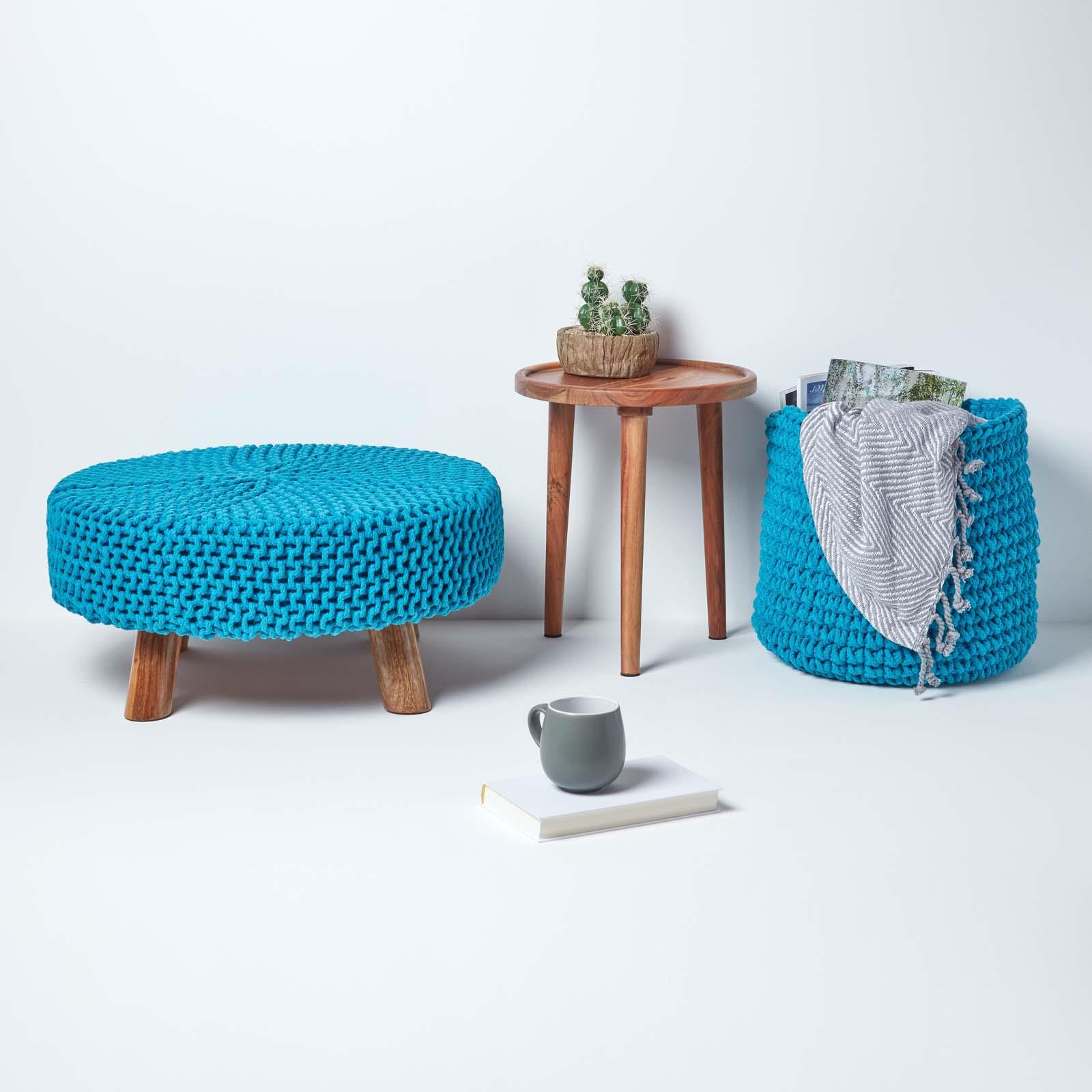 Round Knitted Footstool 100% Cotton Flat Circular with 4 Support Wooden Legs - Picture 102 of 108