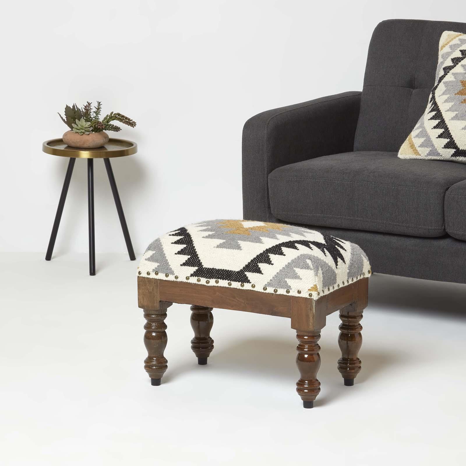 Traditional Style Handmade Kilim Pouffe & Footstool with Wooden Legs - Picture 27 of 34
