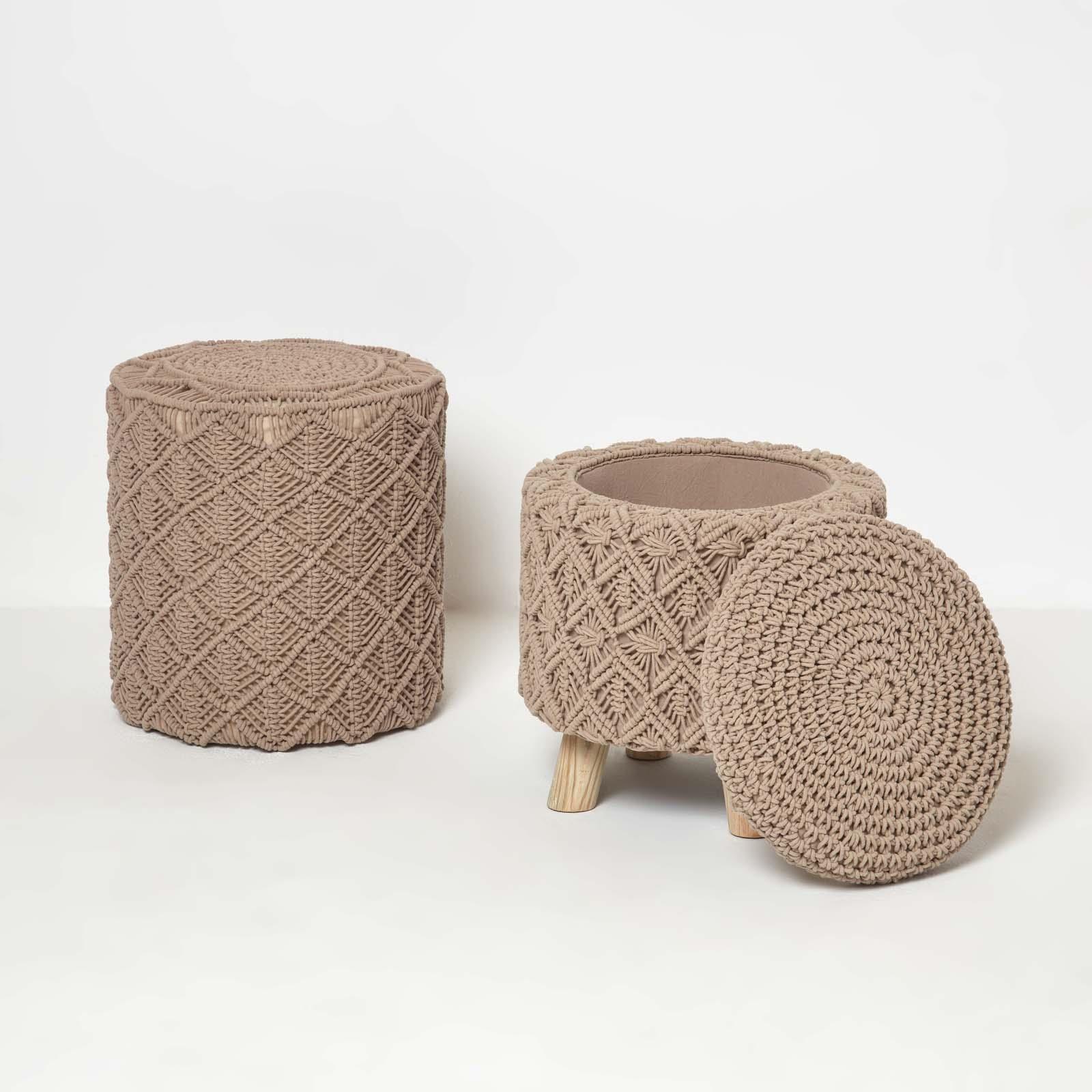 Macrame Knitted Pouffe with Storage 43 cm Tall Crochet Round Footstool on Legs - Picture 7 of 13