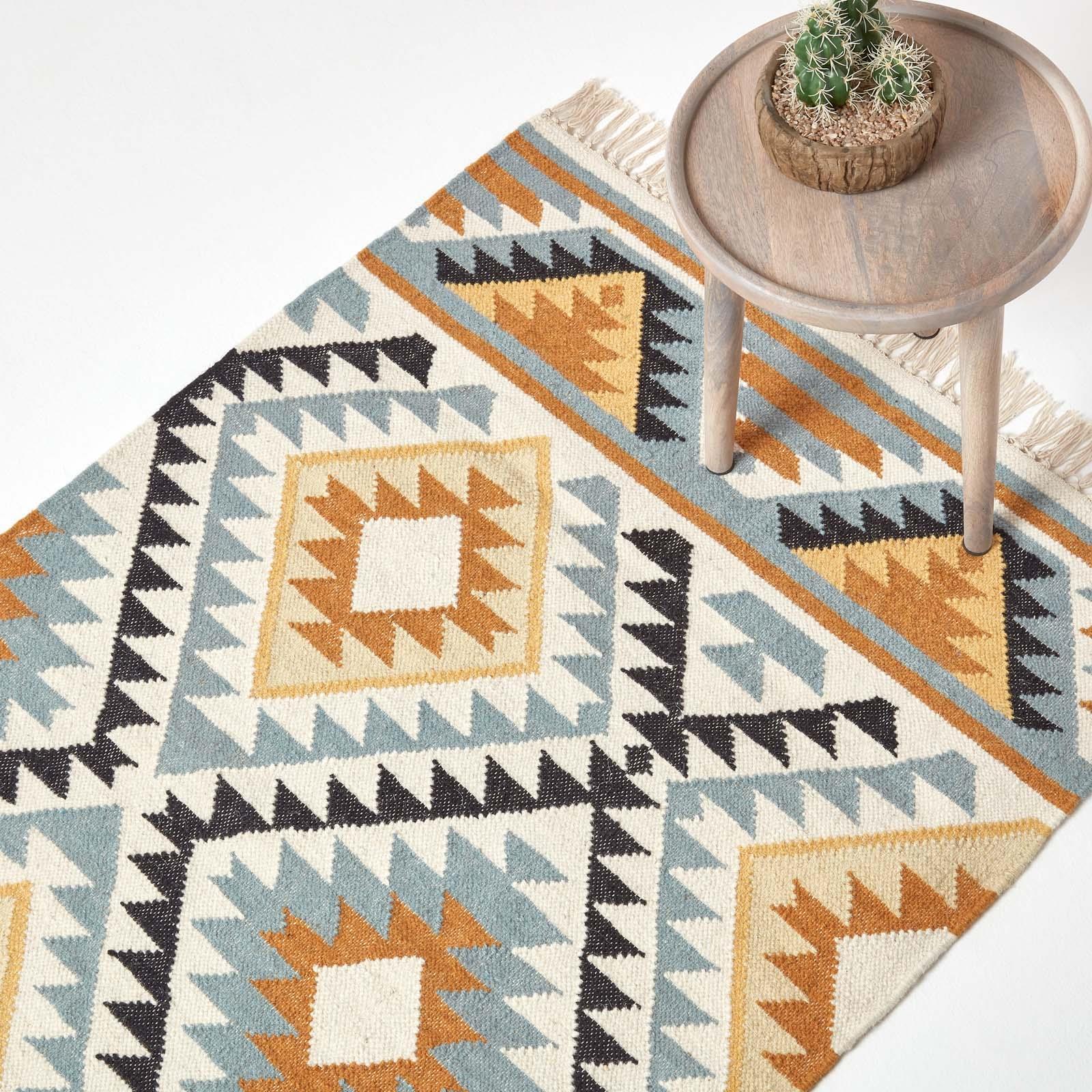 Handmade Cotton & Wool Kilim Rugs Runner Multi Coloured Geometric Diamond Carpet - Picture 2 of 64