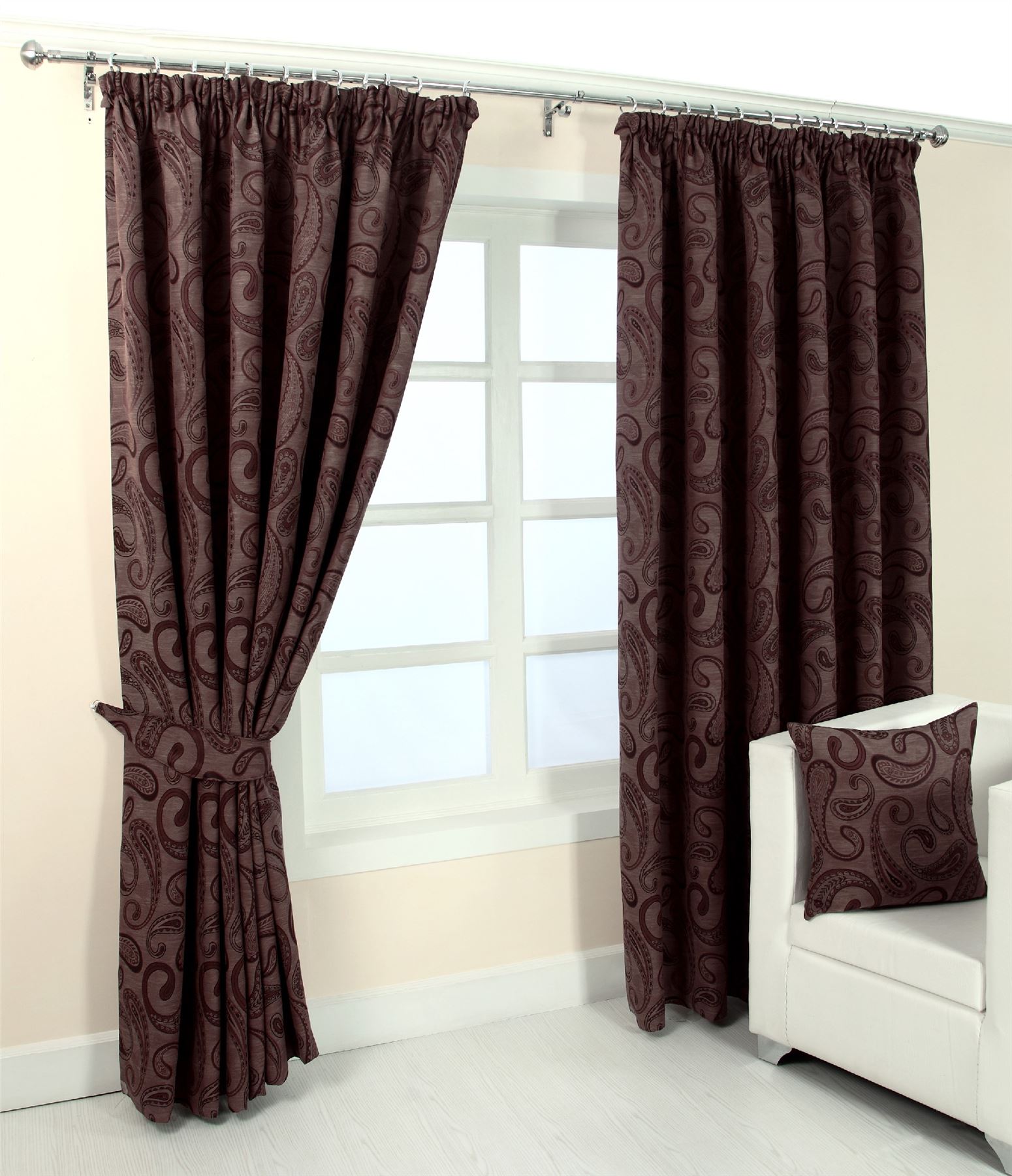Pencil Pleat Fully Lined Ready Made Jacquard Curtains Traditional Paisley Design - Picture 12 of 13