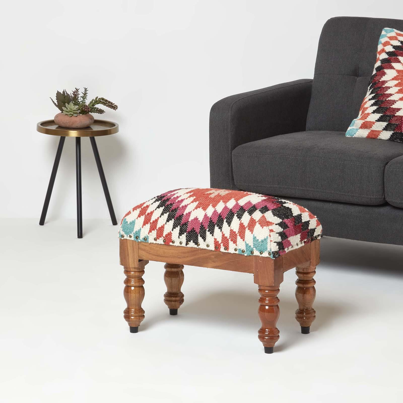 Traditional Style Handmade Kilim Pouffe & Footstool with Wooden Legs - Picture 16 of 34