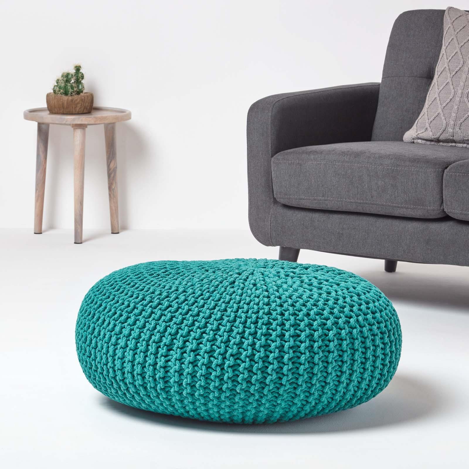 Large Round Cotton Knitted Pouffes Footstools Red, Yellow, Black, Grey, Natural - Picture 104 of 108