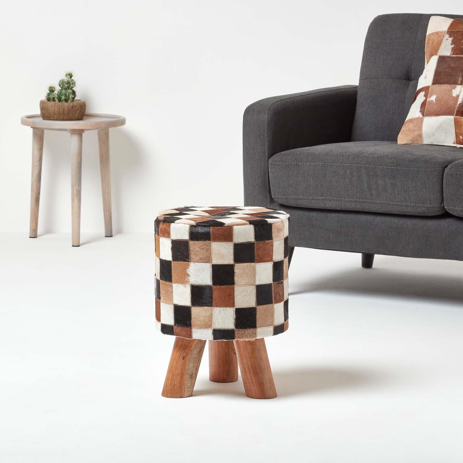 Genuine Leather Brown Check Design Bean Filled Pouffe and Footstool - Picture 3 of 11