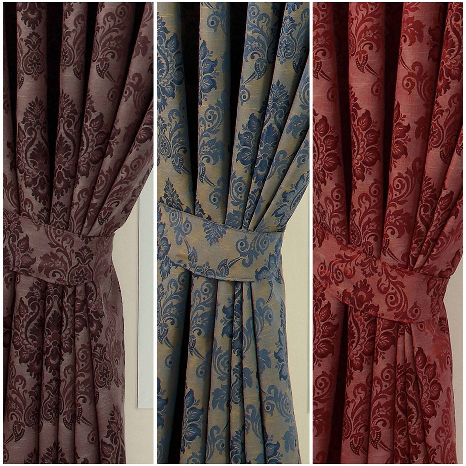 Jacquard Curtains Tie Backs Pair Traditional Damask Design Purple