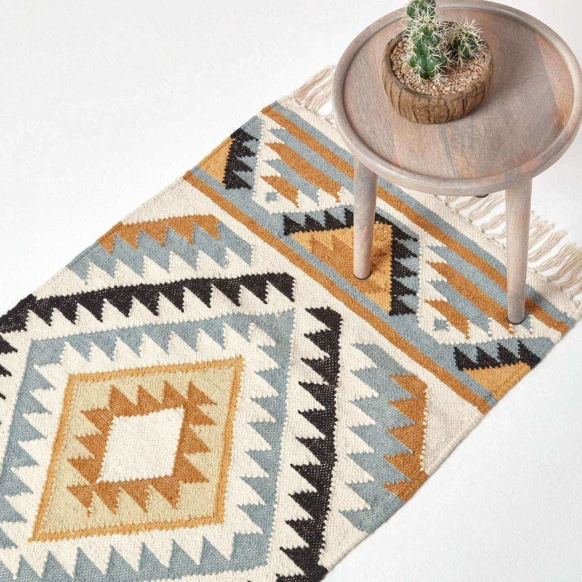 Handmade Cotton & Wool Kilim Rugs Runner Multi Coloured Geometric Diamond Carpet - Picture 3 of 64