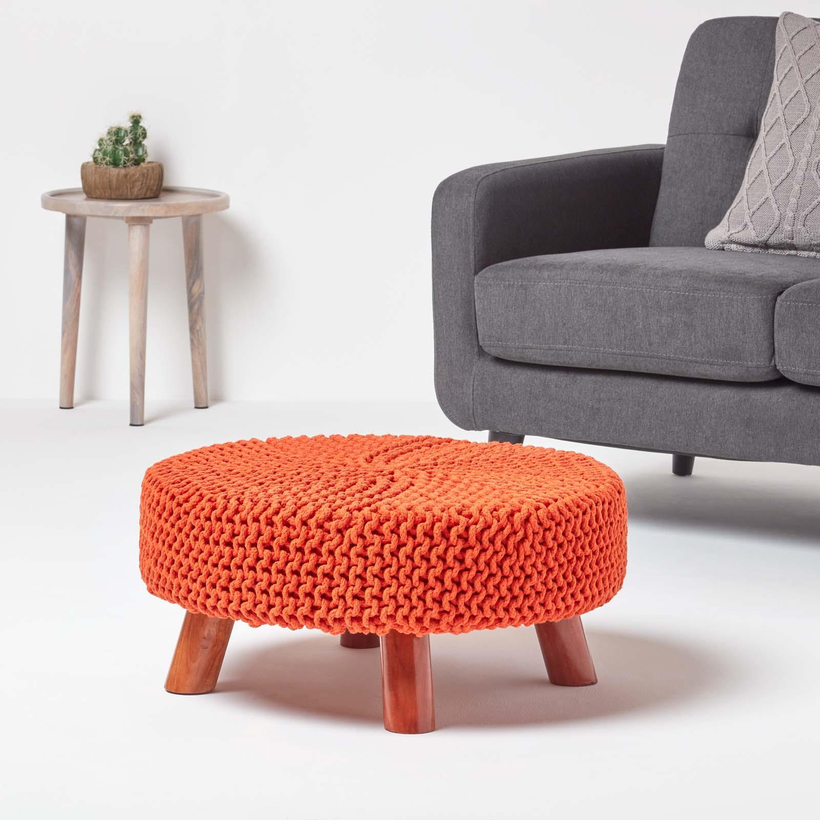 Round Knitted Footstool 100% Cotton Flat Circular with 4 Support Wooden Legs - Picture 57 of 108