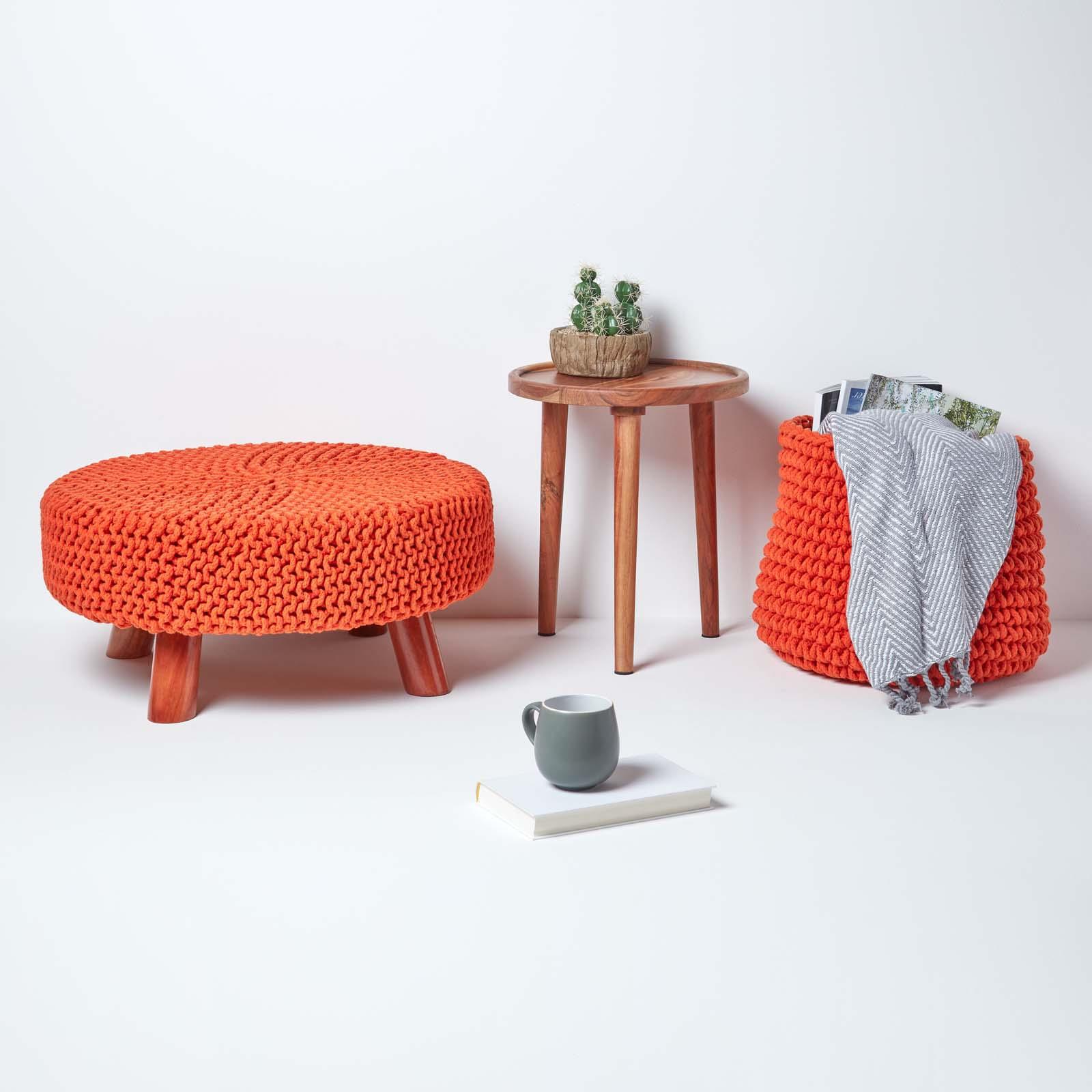 Round Knitted Footstool 100% Cotton Flat Circular with 4 Support Wooden Legs - Picture 61 of 108