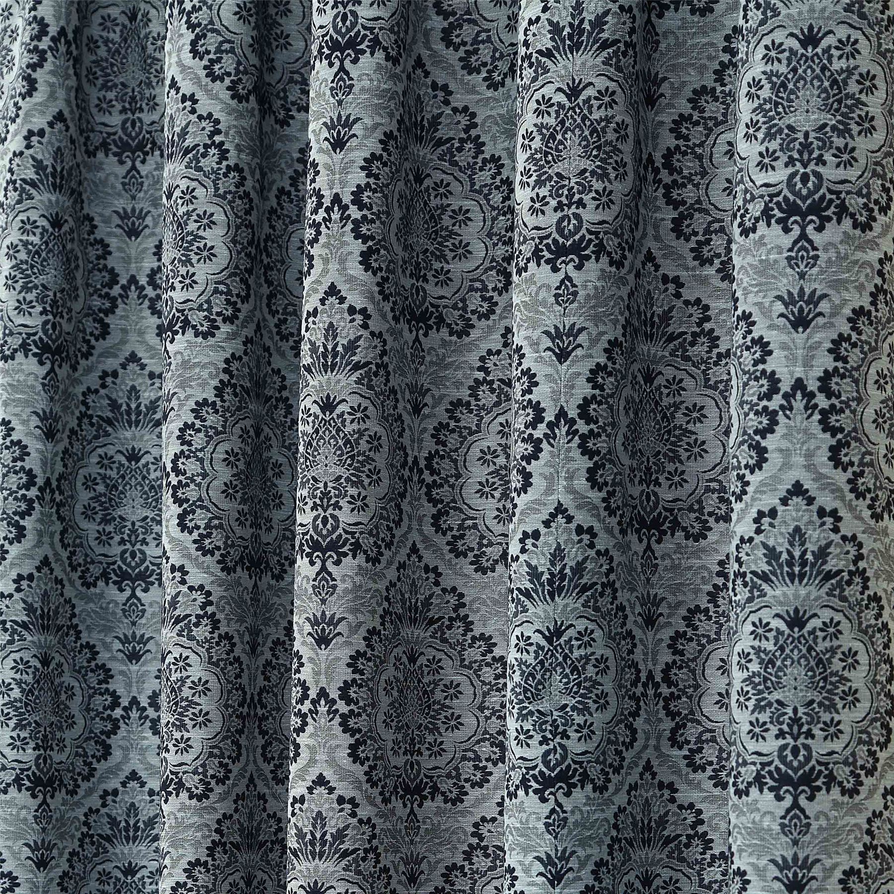 Floral Pencil Pleat Fully Lined Jacquard Damask Curtains Blue Gold