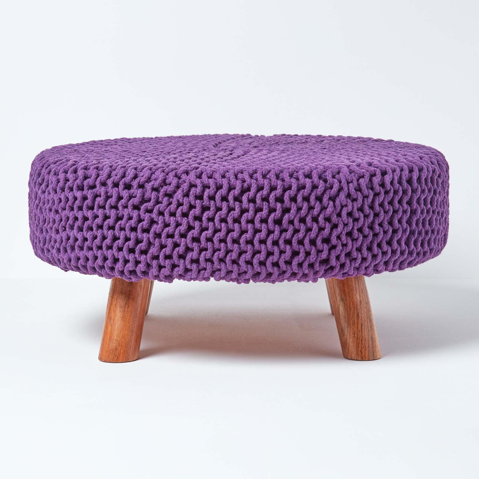Round Knitted Footstool 100% Cotton Flat Circular with 4 Support Wooden Legs - Picture 80 of 108