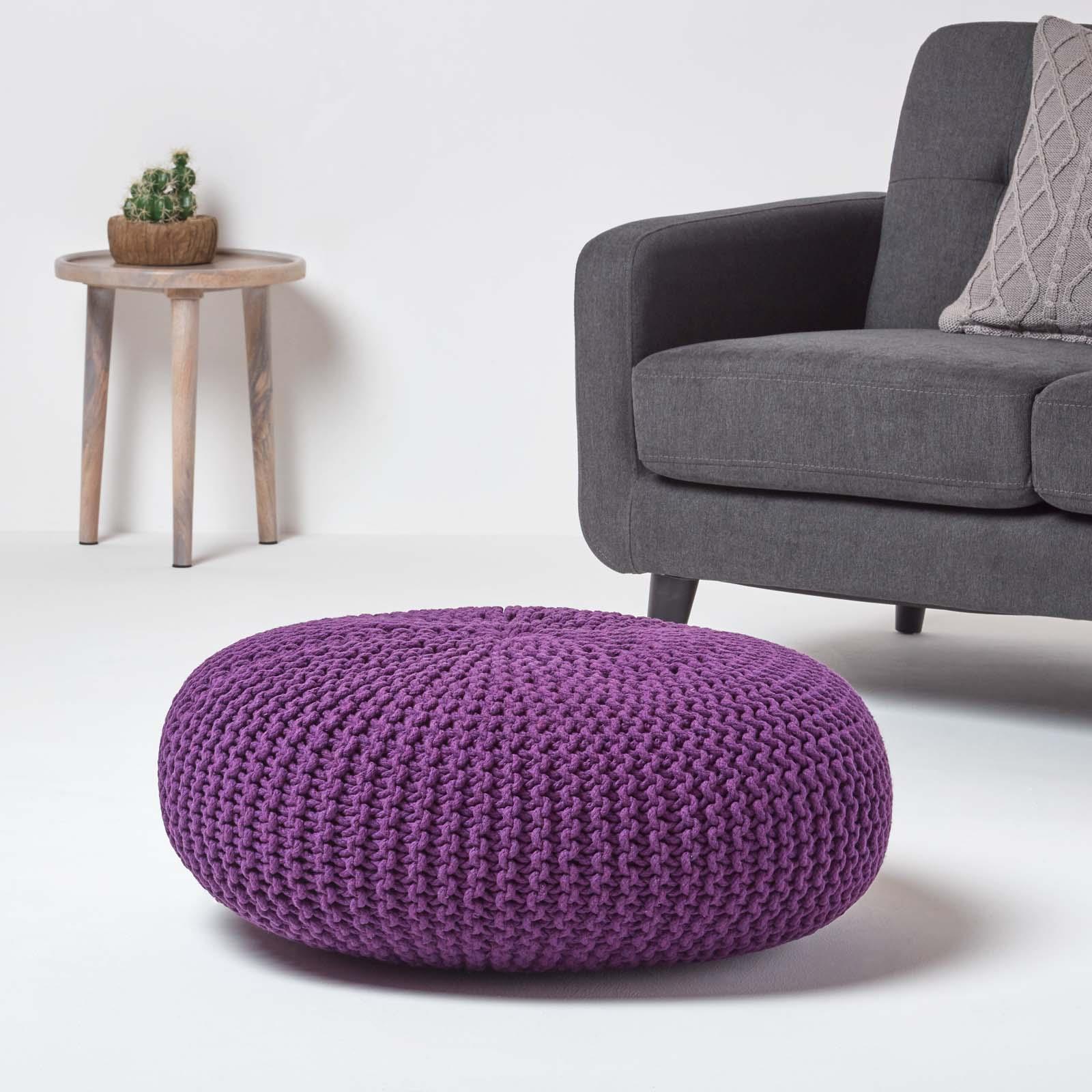 Large Round Cotton Knitted Pouffes Footstools Red, Yellow, Black, Grey, Natural - Picture 21 of 108