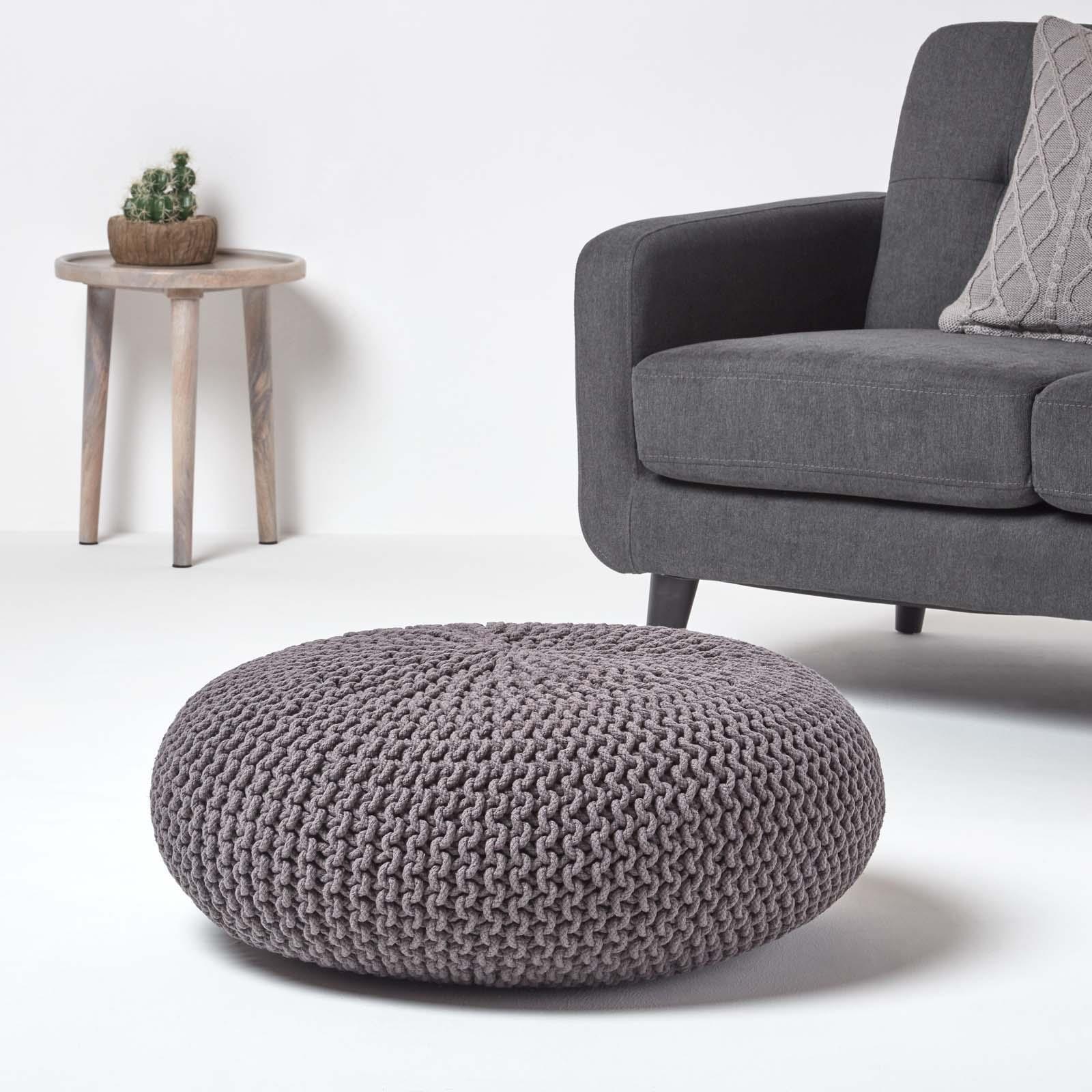 Large Round Cotton Knitted Pouffes Footstools Red, Yellow, Black, Grey, Natural - Picture 33 of 108