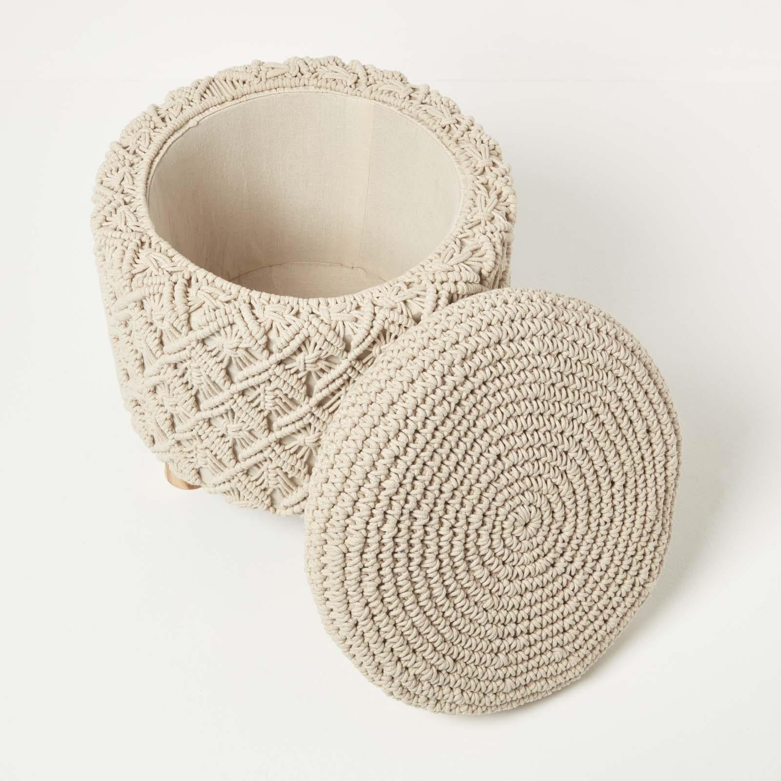 Macrame Knitted Pouffe with Storage 43 cm Tall Crochet Round Footstool on Legs - Picture 12 of 13