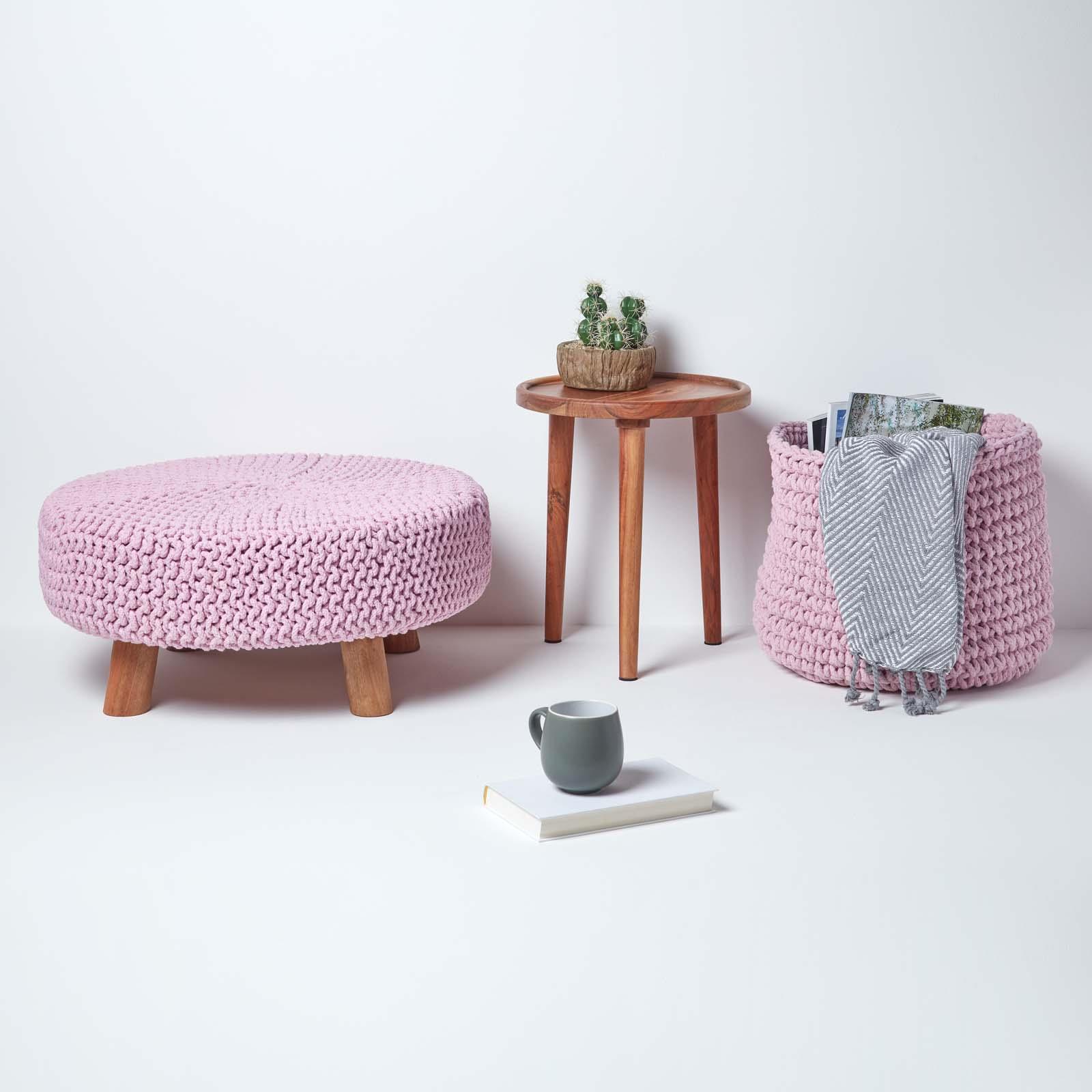 Round Knitted Footstool 100% Cotton Flat Circular with 4 Support Wooden Legs - Picture 73 of 108