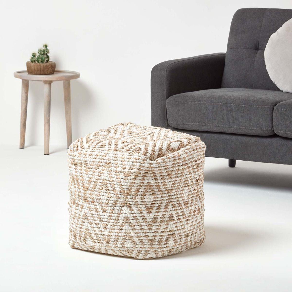 Contemporary Square Cube Bean Filled Pouffe Footstool in Fabric & Denim Leather - Picture 12 of 14
