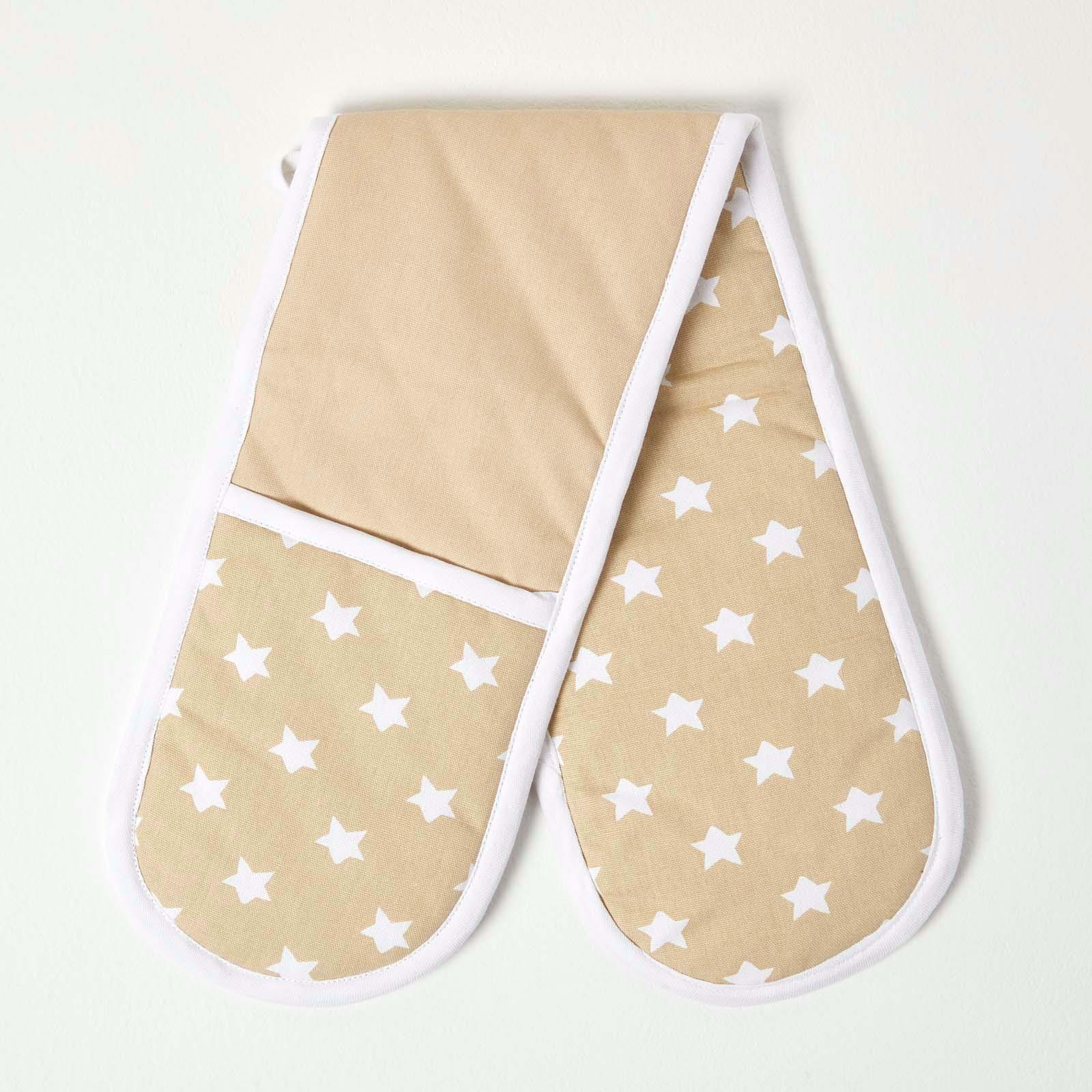 Cotton Beige And White Stars Kitchen Double Oven Gloves Apron Towel Pot Holder - Picture 7 of 26