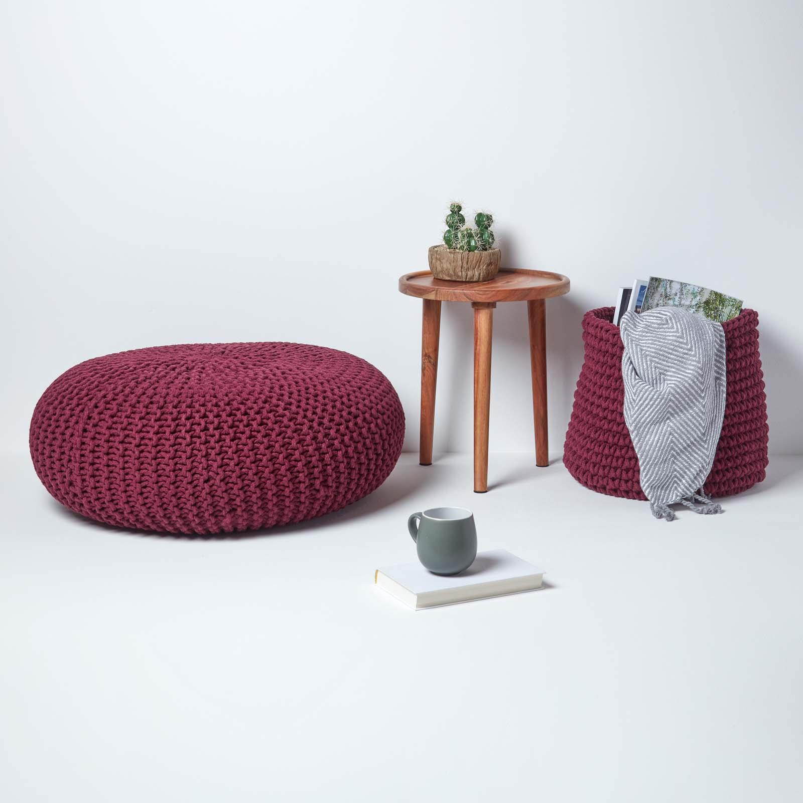 Large Round Cotton Knitted Pouffes Footstools Red, Yellow, Black, Grey, Natural - Picture 90 of 108