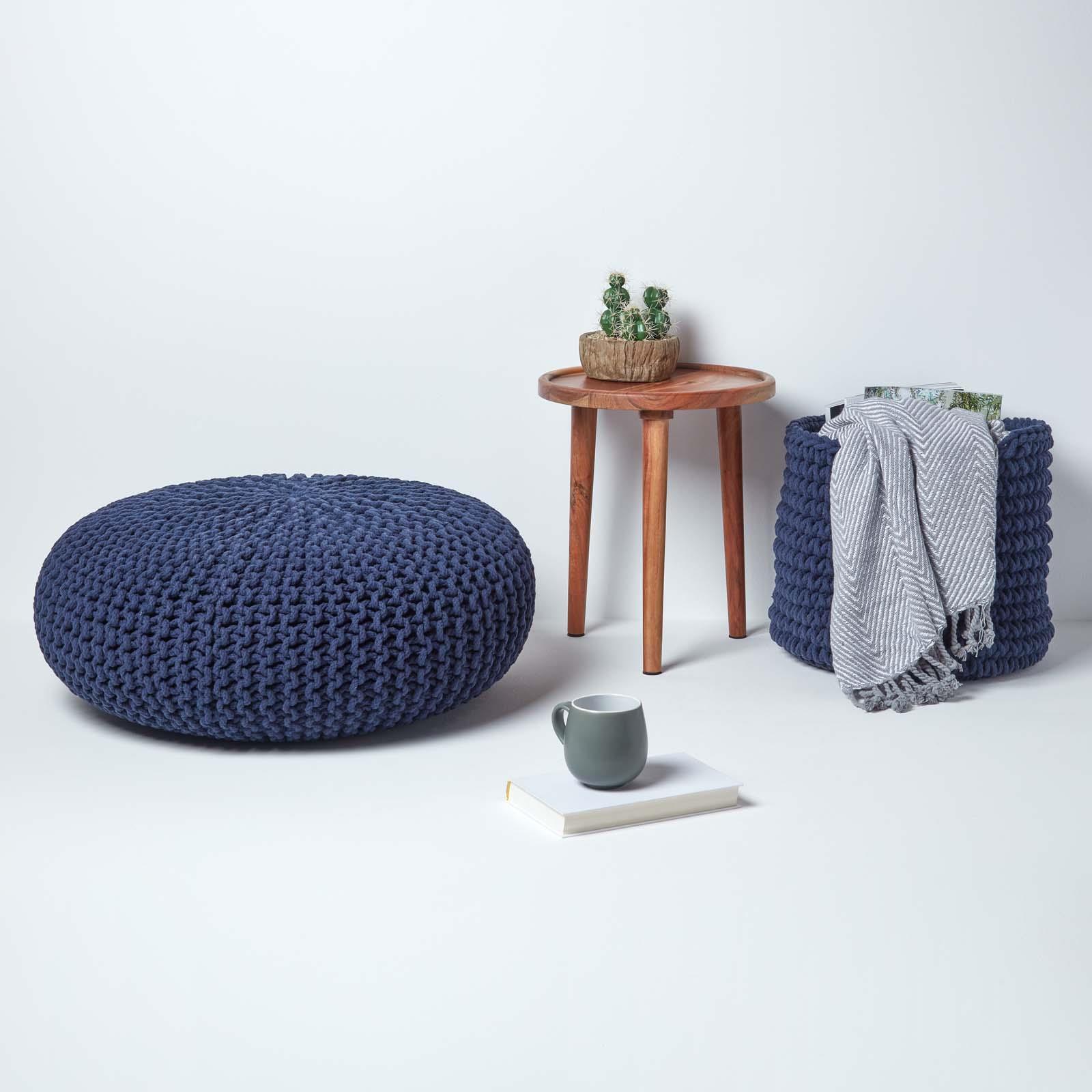 Large Round Cotton Knitted Pouffes Footstools Red, Yellow, Black, Grey, Natural - Picture 66 of 108