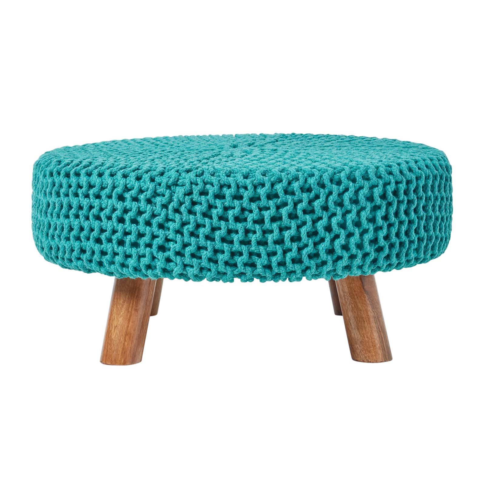 Round Knitted Footstool 100% Cotton Flat Circular with 4 Support Wooden Legs - Picture 103 of 108
