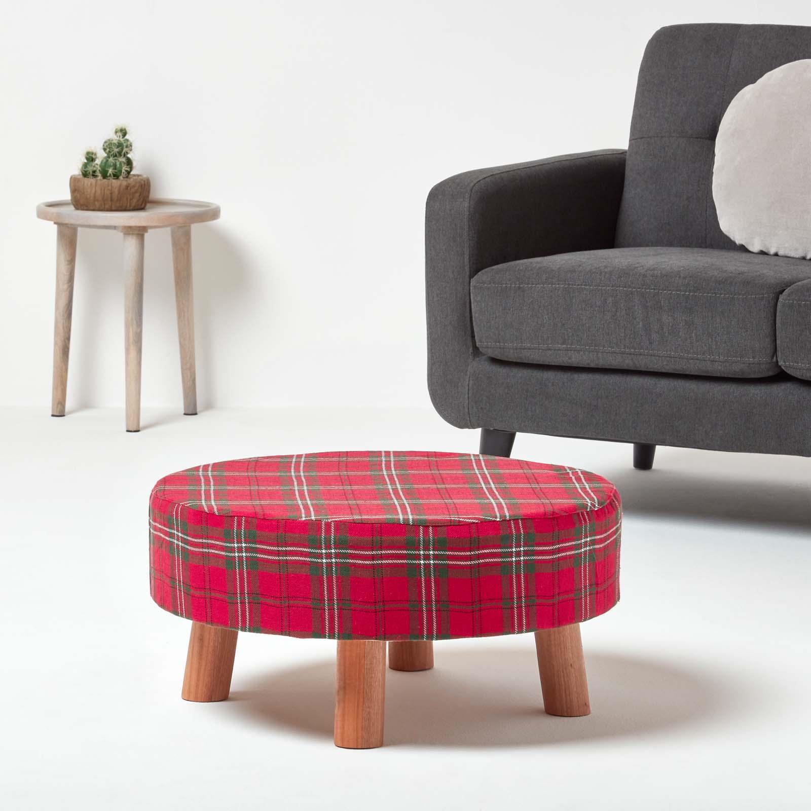 Tartan Check Tall and Flat Footstool with Wooden Legs - Picture 11 of 23