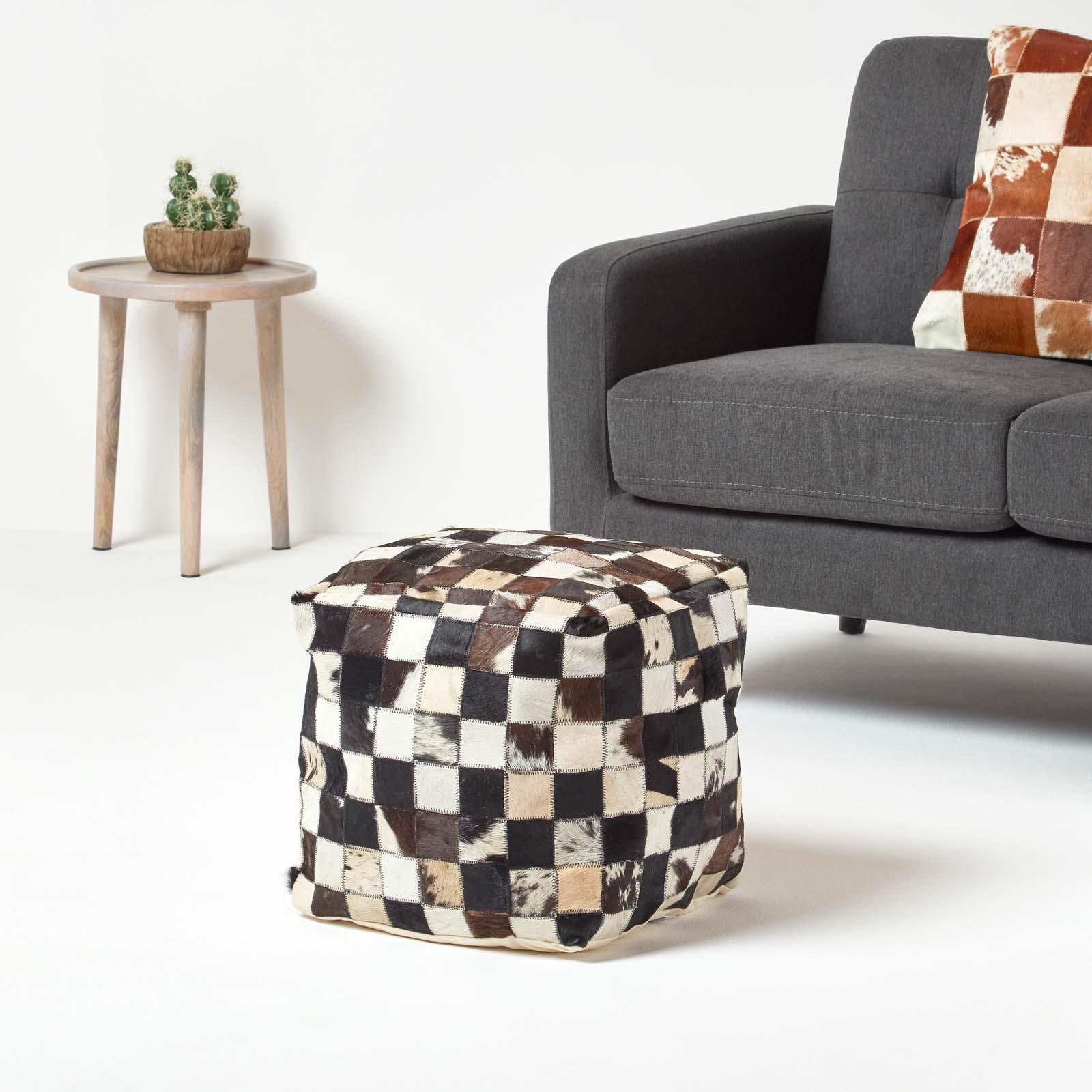 Genuine Leather Brown Check Design Bean Filled Pouffe and Footstool - Picture 8 of 11