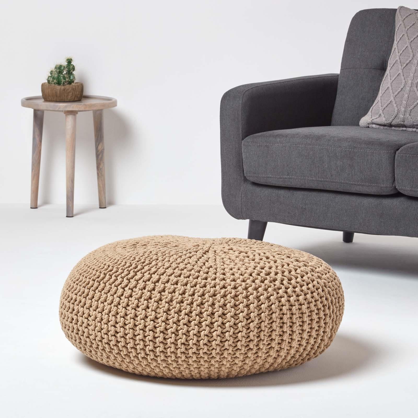 Large Round Cotton Knitted Pouffes Footstools Red, Yellow, Black, Grey, Natural - Picture 45 of 108