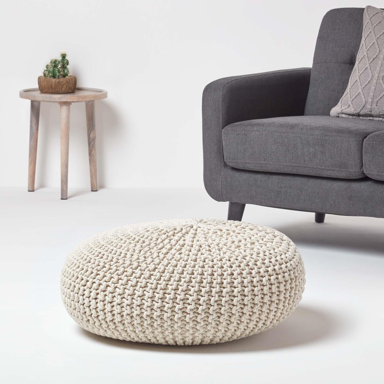 Large Round Cotton Knitted Pouffes Footstools Red, Yellow, Black, Grey, Natural - Picture 56 of 108