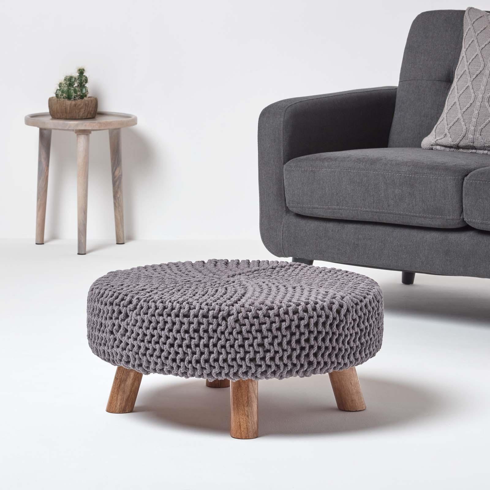 Round Knitted Footstool 100% Cotton Flat Circular with 4 Support Wooden Legs - Picture 92 of 108
