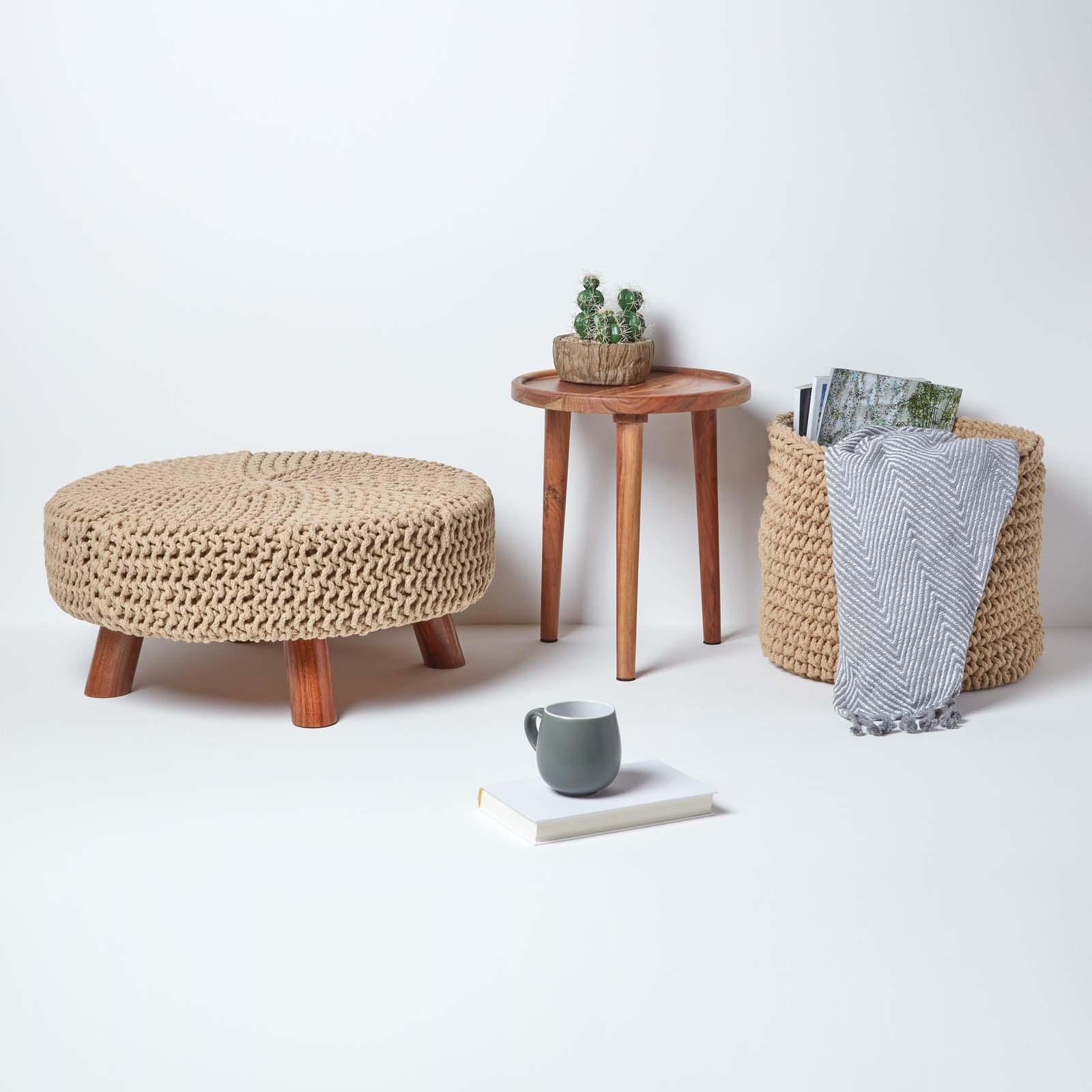 Round Knitted Footstool 100% Cotton Flat Circular with 4 Support Wooden Legs - Picture 37 of 108