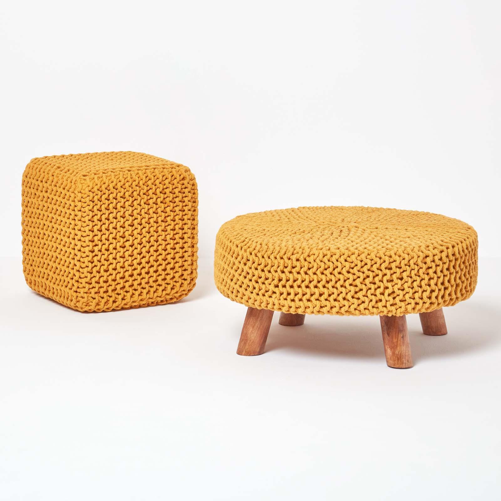 Round Knitted Footstool 100% Cotton Flat Circular with 4 Support Wooden Legs - Picture 42 of 108