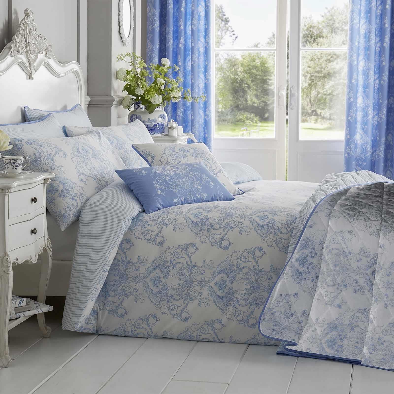 Toile Patterned Damask Style Reversible Stripe Pattern Diamond Quilted Bedspread - Picture 2 of 3