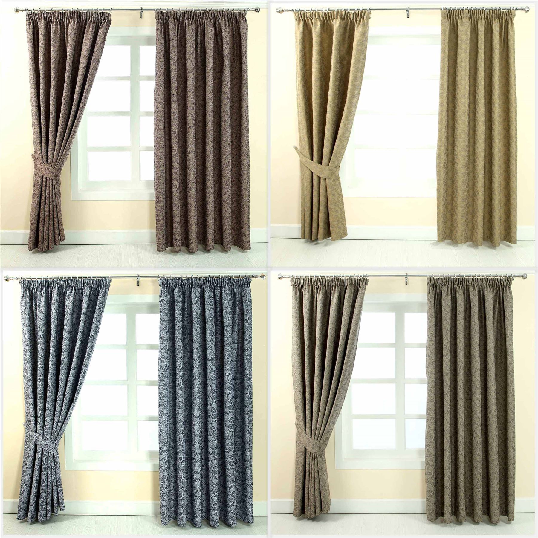 Pencil Pleat Jacquard Vintage Floral Curtains Fully Lined Blue