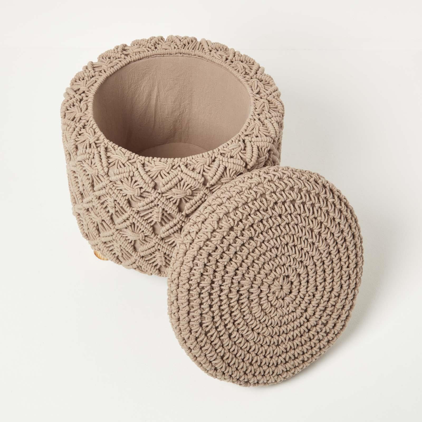 Macrame Knitted Pouffe with Storage 43 cm Tall Crochet Round Footstool on Legs - Picture 6 of 13