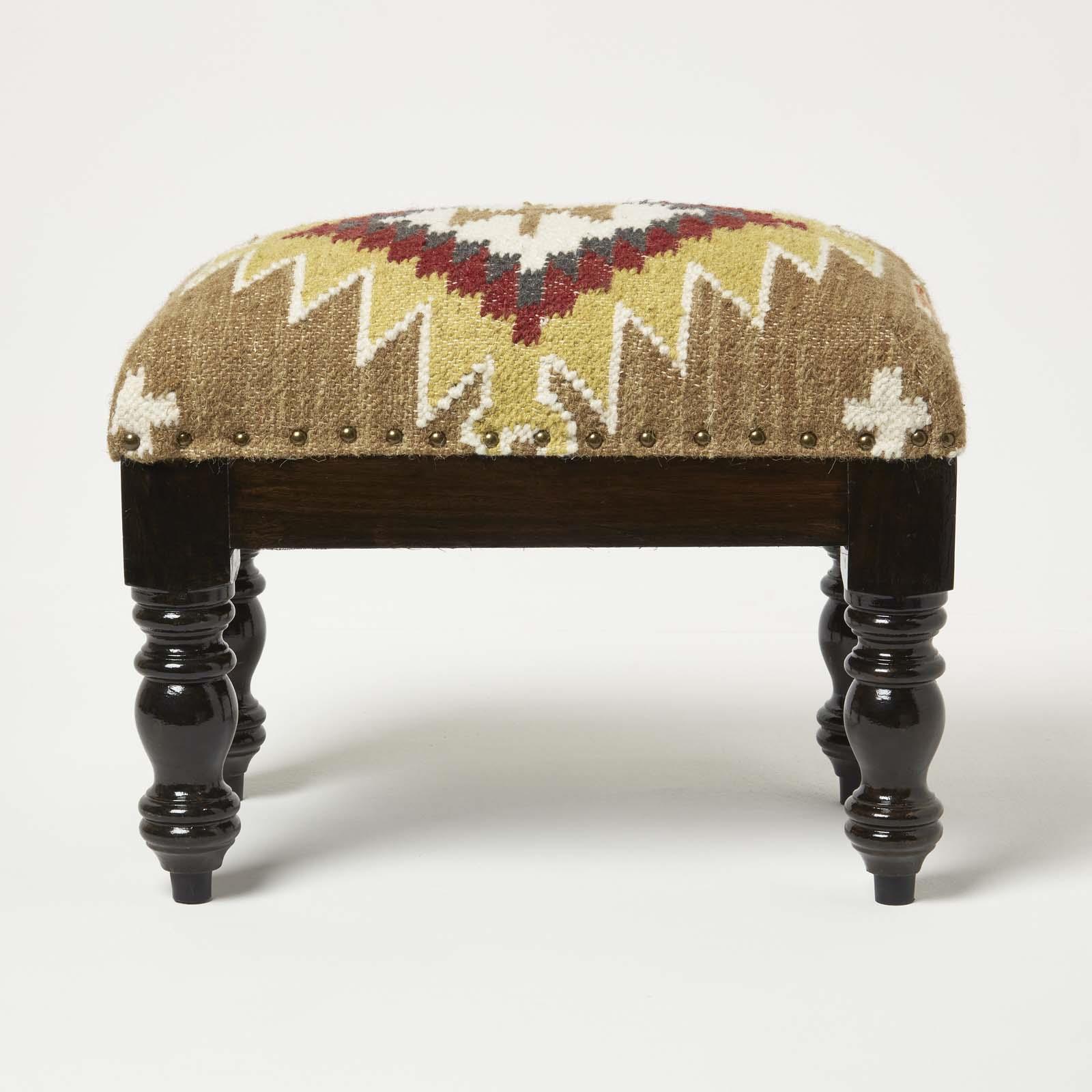 Traditional Style Handmade Kilim Pouffe & Footstool with Wooden Legs - Picture 3 of 34