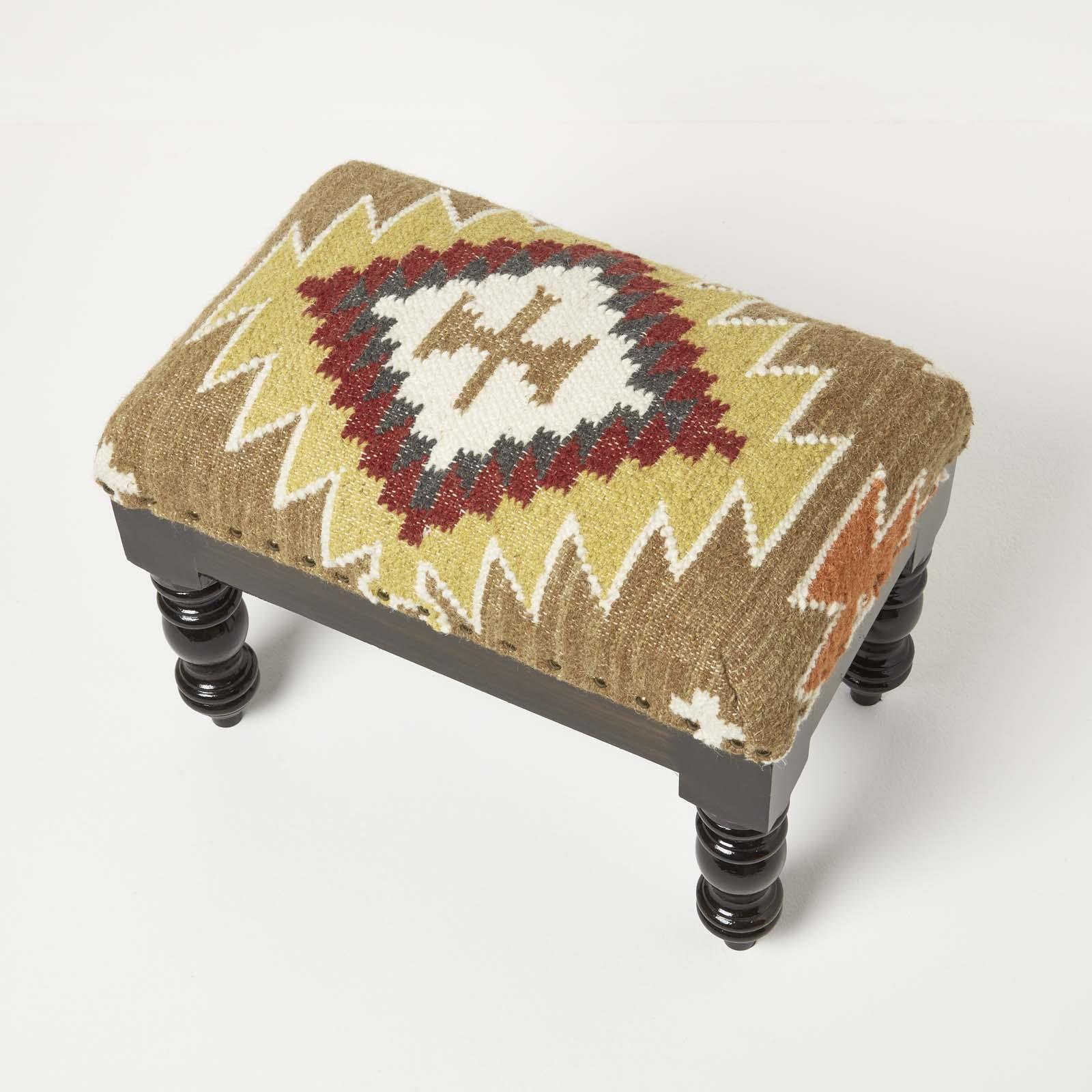 Traditional Style Handmade Kilim Pouffe & Footstool with Wooden Legs - Picture 11 of 34