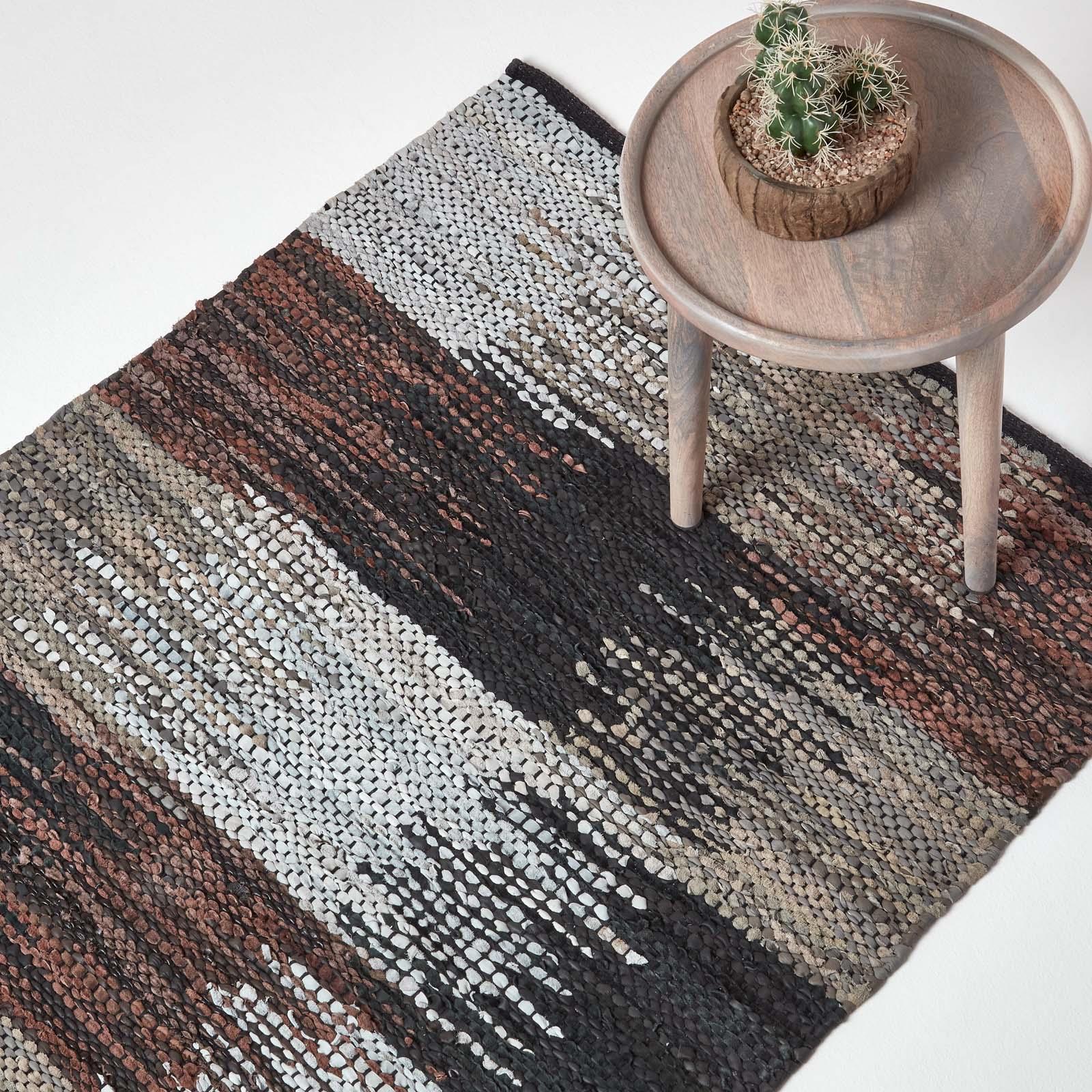 Black, Grey & Brown Handwoven Cutshuttle Design Eco Friendly Real Leather Rug - Picture 11 of 20