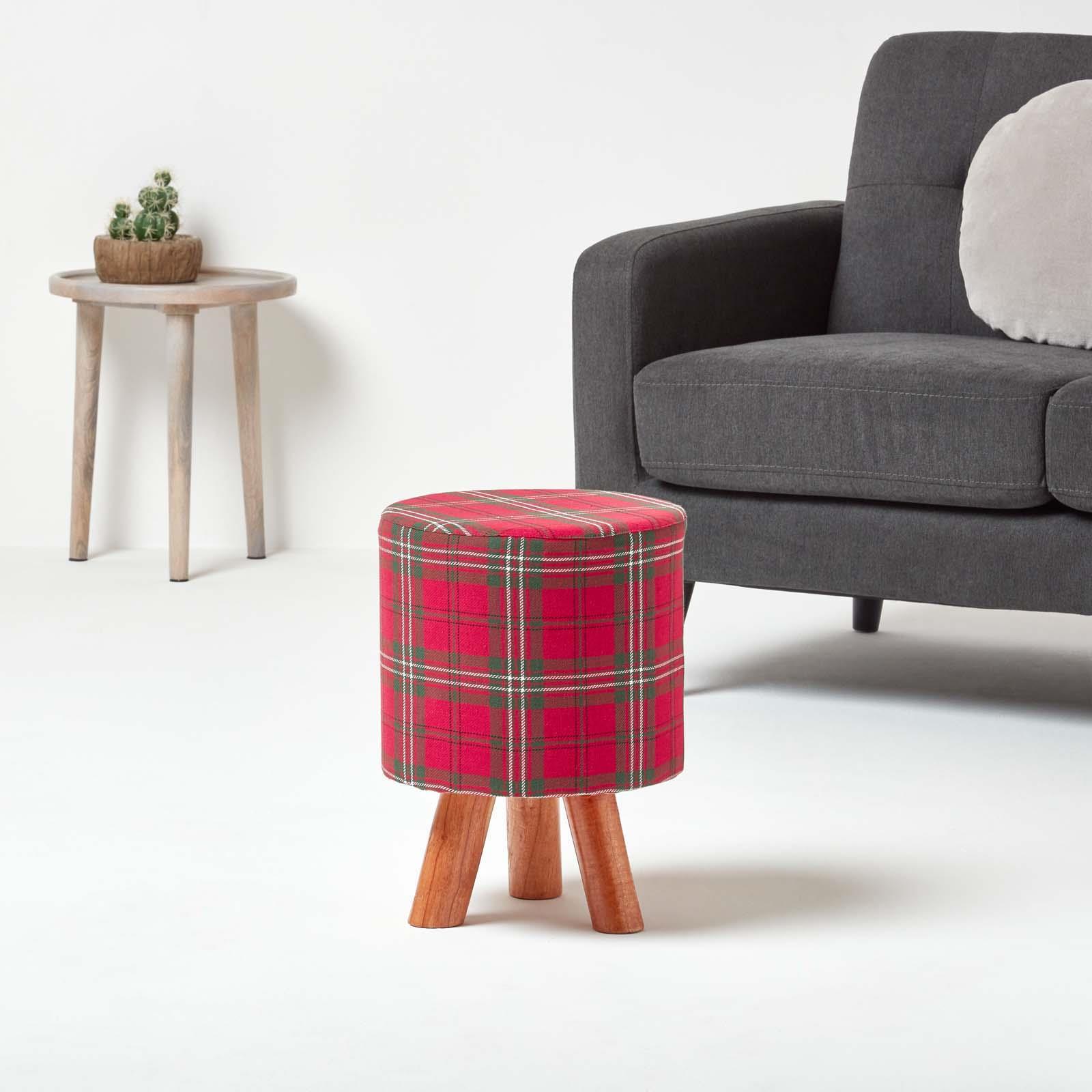 Tartan Check Tall and Flat Footstool with Wooden Legs - Picture 18 of 23