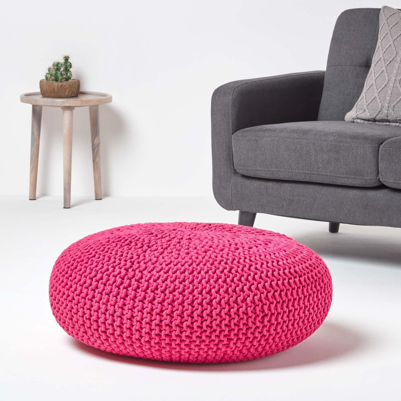 Large Round Cotton Knitted Pouffes Footstools Red, Yellow, Black, Grey, Natural - Picture 39 of 108