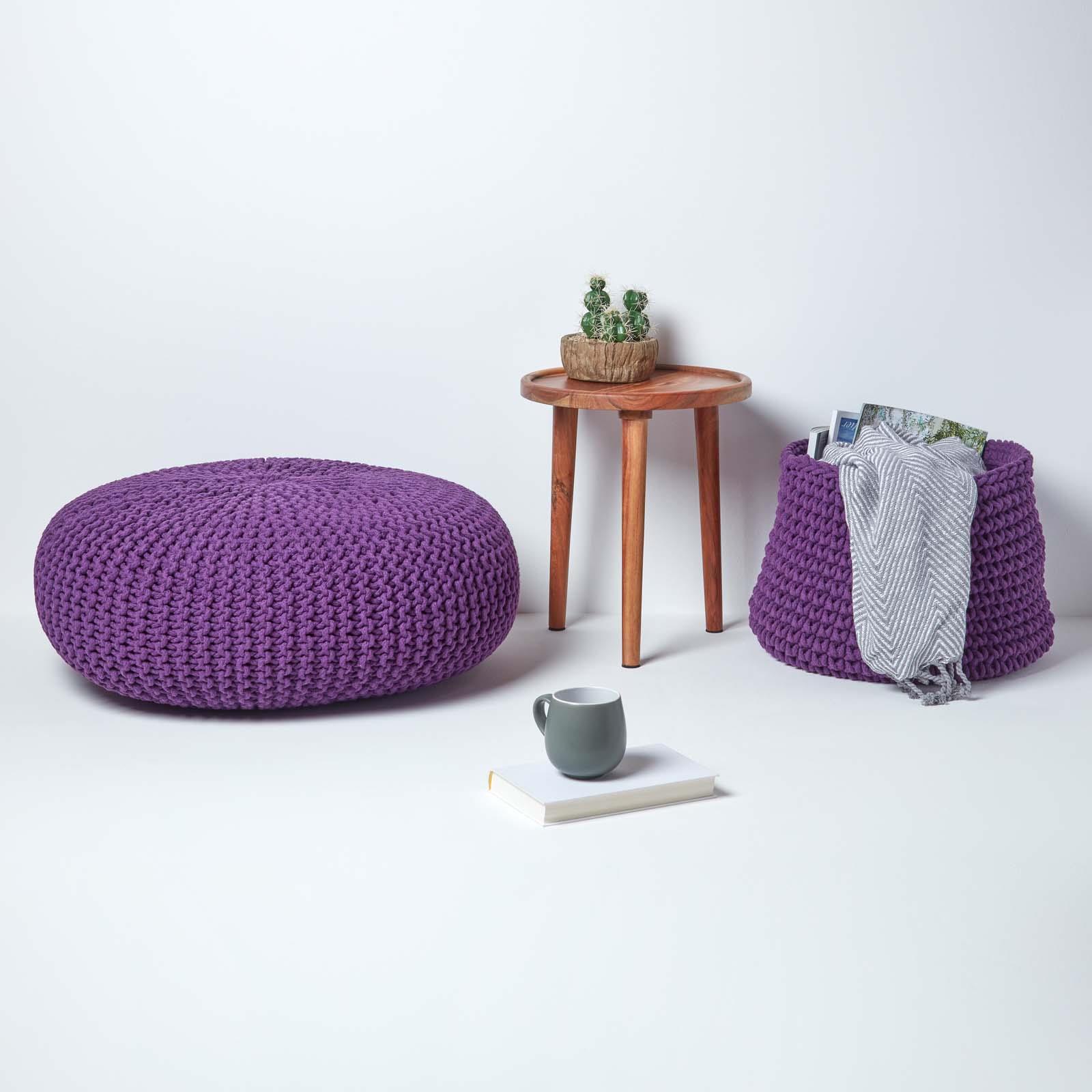 Large Round Cotton Knitted Pouffes Footstools Red, Yellow, Black, Grey, Natural - Picture 25 of 108
